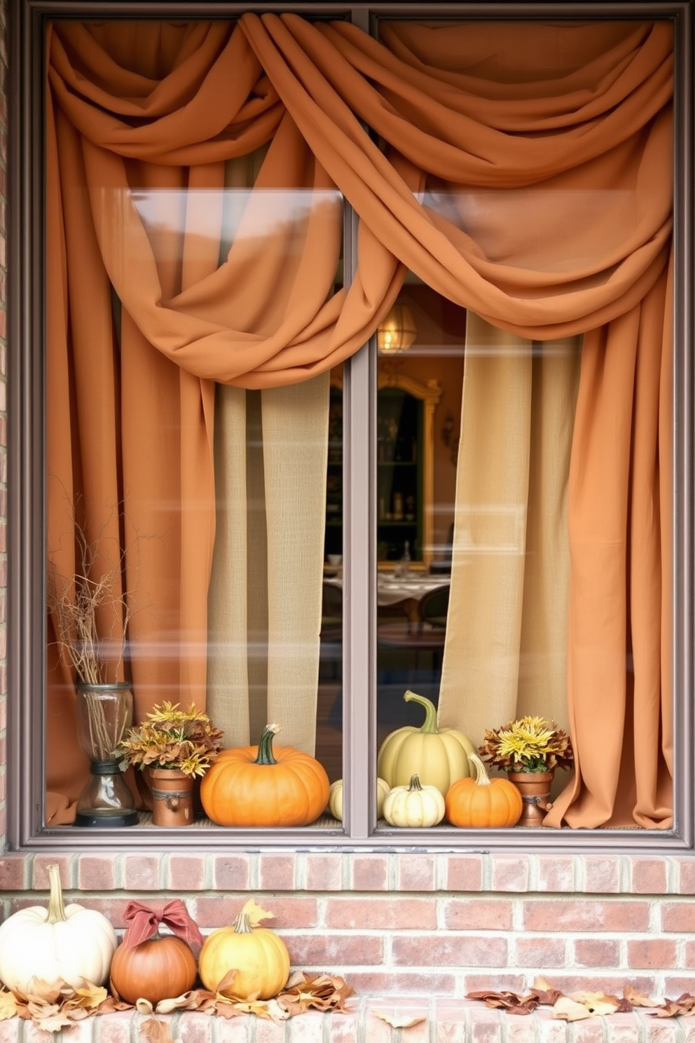 A cozy fall window display featuring draped fabric in warm earth tones. The soft textures create a welcoming atmosphere, complemented by seasonal decorations like pumpkins and autumn leaves.