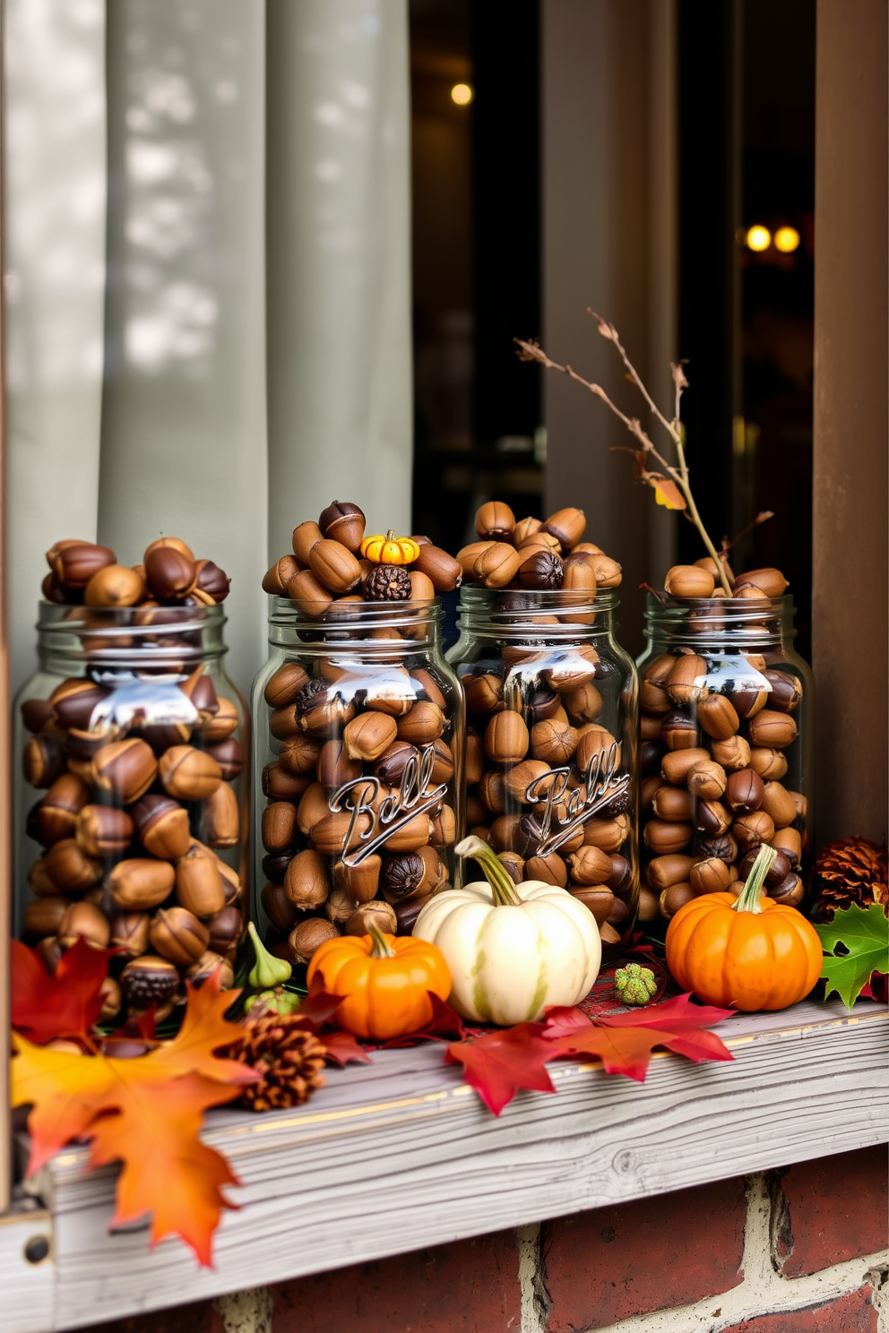 A cozy window display for fall featuring vintage jars filled with acorns. The jars are arranged on a rustic wooden shelf, surrounded by autumn leaves and small pumpkins for a warm seasonal touch.