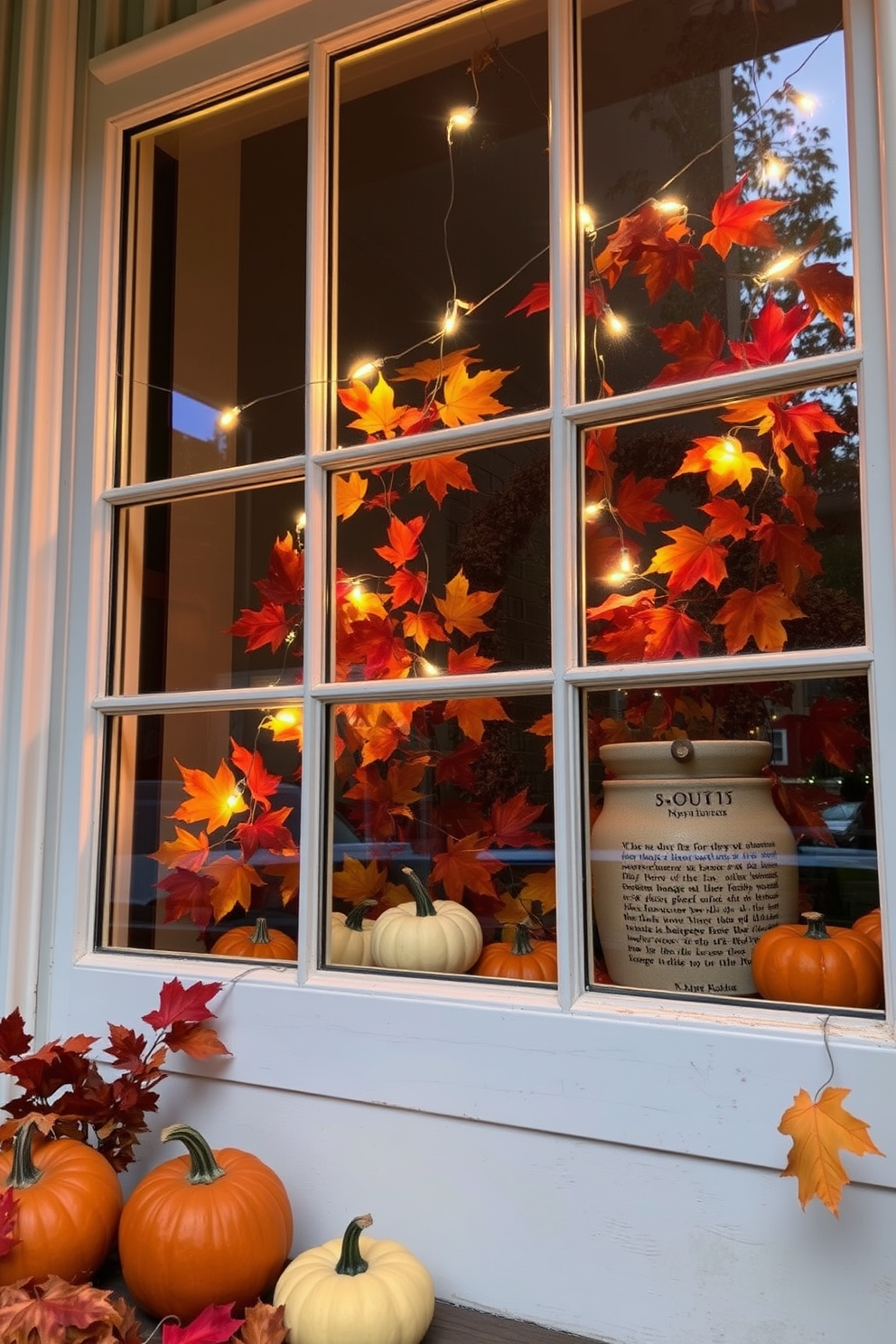 A cozy autumn window display with string lights softly illuminating the scene. The window is adorned with colorful fall leaves and small pumpkins, creating a warm and inviting atmosphere.