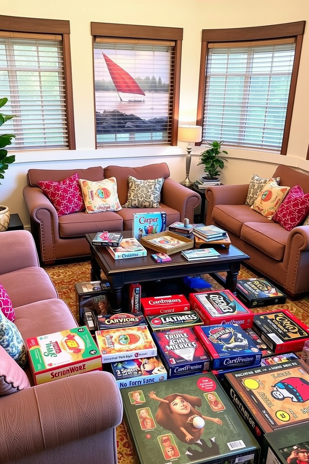 Cozy seating area with plush sofas and colorful throw pillows. A large coffee table is surrounded by a variety of board games, creating an inviting atmosphere for family gatherings.