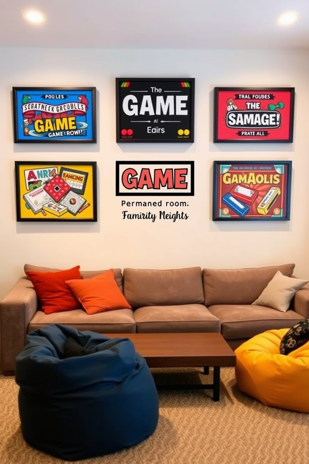 Personalized game wall art displays vibrant colors and unique designs that reflect the family's favorite games and memories. The room features a cozy seating area with plush sofas and bean bags, creating an inviting atmosphere for game nights. The walls are adorned with framed artwork showcasing game boards and iconic game pieces, adding a playful touch to the decor. Soft ambient lighting illuminates the space, enhancing the overall warmth and excitement of the family game room.