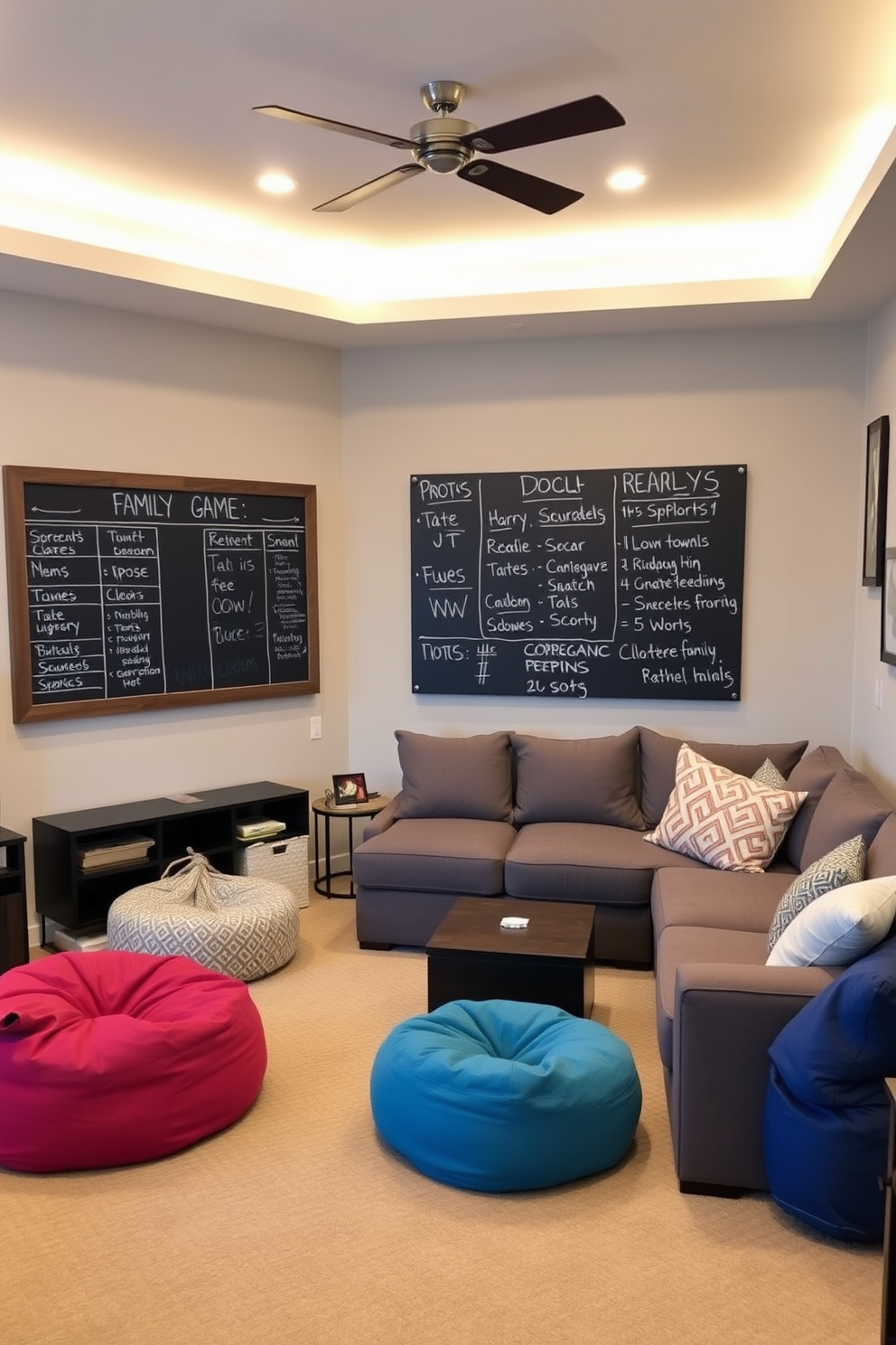 A cozy family game room features a vibrant color palette with comfortable bean bags scattered throughout the space. The room is designed for relaxation and fun, with a large flat-screen TV mounted on the wall and an assortment of board games neatly organized on shelves.