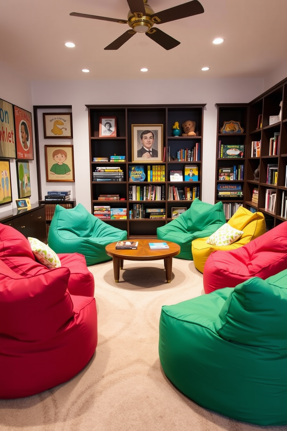 A cozy family game room featuring colorful bean bags arranged in a semi-circle around a low coffee table. The walls are adorned with playful artwork and shelves filled with board games and books, creating an inviting atmosphere for family gatherings.