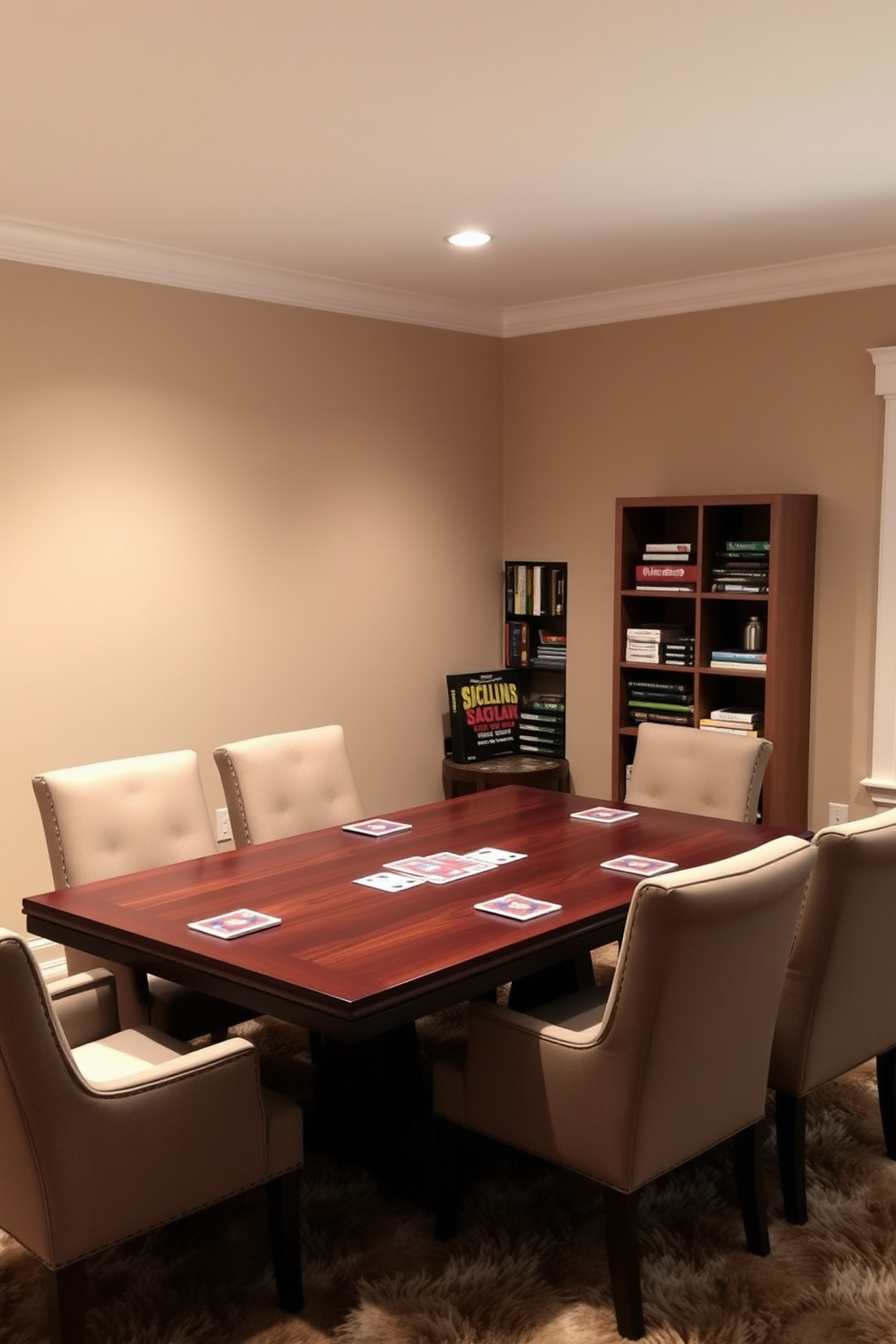 A cozy family game room featuring a large wooden table surrounded by comfortable upholstered chairs. The walls are painted in a warm beige tone, and soft lighting creates an inviting atmosphere for card and board games. In one corner, there is a stylish shelving unit filled with various board games and card decks. A plush area rug lies beneath the table, adding a touch of comfort and warmth to the space.