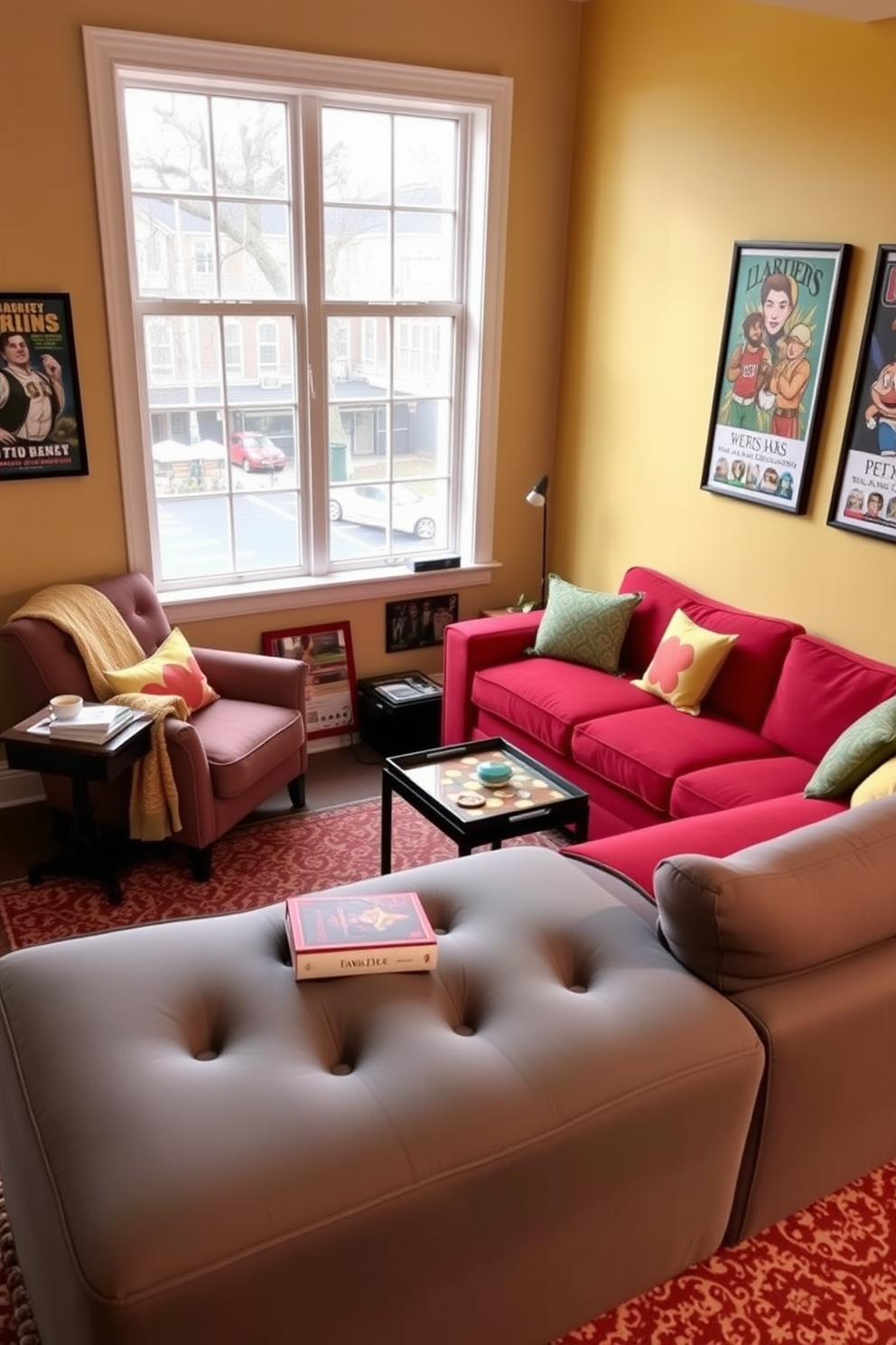 A cozy family game room featuring a mini fridge stocked with snacks and drinks. The room is designed with comfortable seating, a large gaming table, and vibrant wall art that reflects a fun and playful atmosphere.