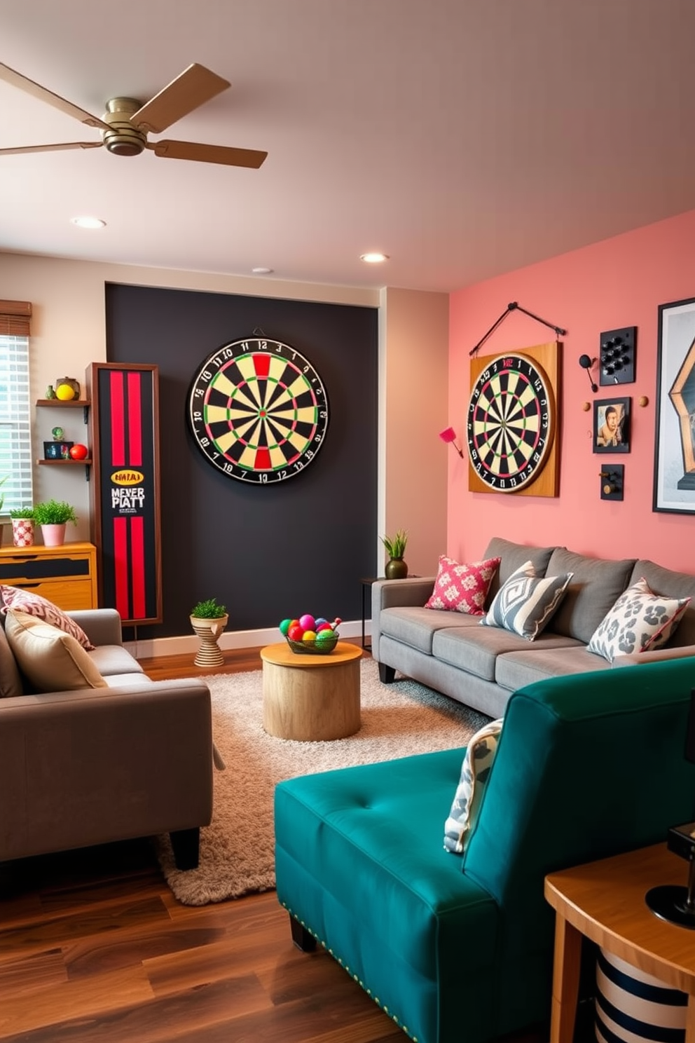 A vibrant family game room designed for competitive fun features a stylish dartboard mounted on a feature wall. The room is filled with comfortable seating, a cozy rug, and playful decor that encourages friendly competition and family bonding.