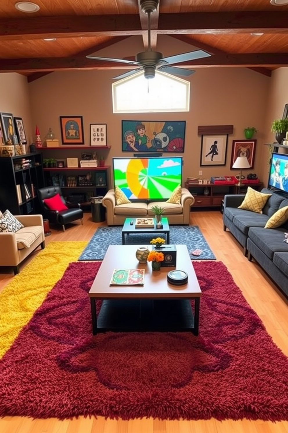 A cozy family game room designed for soundproofing features plush seating arranged in a semi-circle around a large flat-screen TV. The walls are lined with acoustic panels in warm colors, and a thick carpet covers the floor to absorb sound. Incorporate a dedicated gaming area with a stylish gaming console setup, complete with comfortable gaming chairs. Ambient lighting enhances the atmosphere, while shelves filled with board games and books create an inviting and engaging environment.