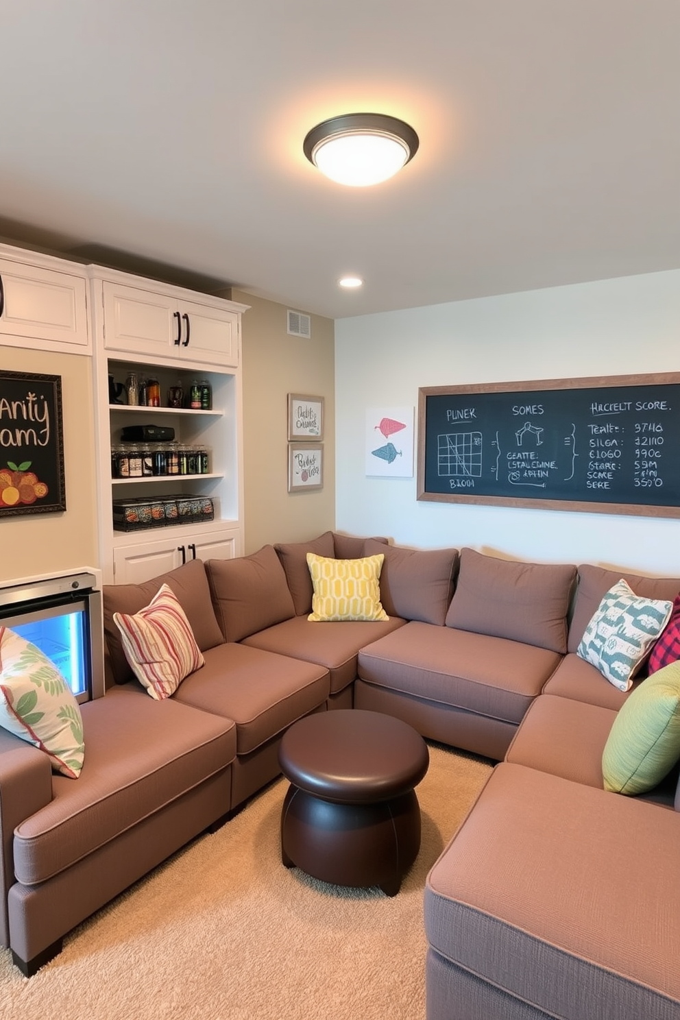 A cozy family game room designed for fun and relaxation. The room features a large sectional sofa in a warm gray fabric, paired with colorful accent pillows for added comfort. In the corner, a mini fridge is seamlessly integrated into the cabinetry for easy access to drinks. The walls are adorned with playful artwork and a chalkboard for keeping score during games, creating an inviting atmosphere for family gatherings.