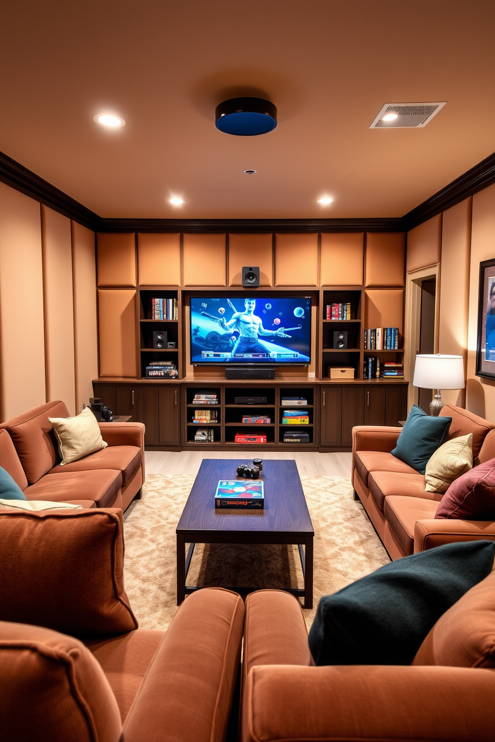 A cozy family game room designed for quiet enjoyment features plush seating arranged around a central coffee table. The walls are lined with soundproof panels in a warm color palette, creating a serene atmosphere for gaming and relaxation. In one corner, a large flat-screen TV is mounted with a built-in sound system that enhances the gaming experience. Shelves filled with board games and books are strategically placed, while soft lighting fixtures provide a warm glow throughout the space.