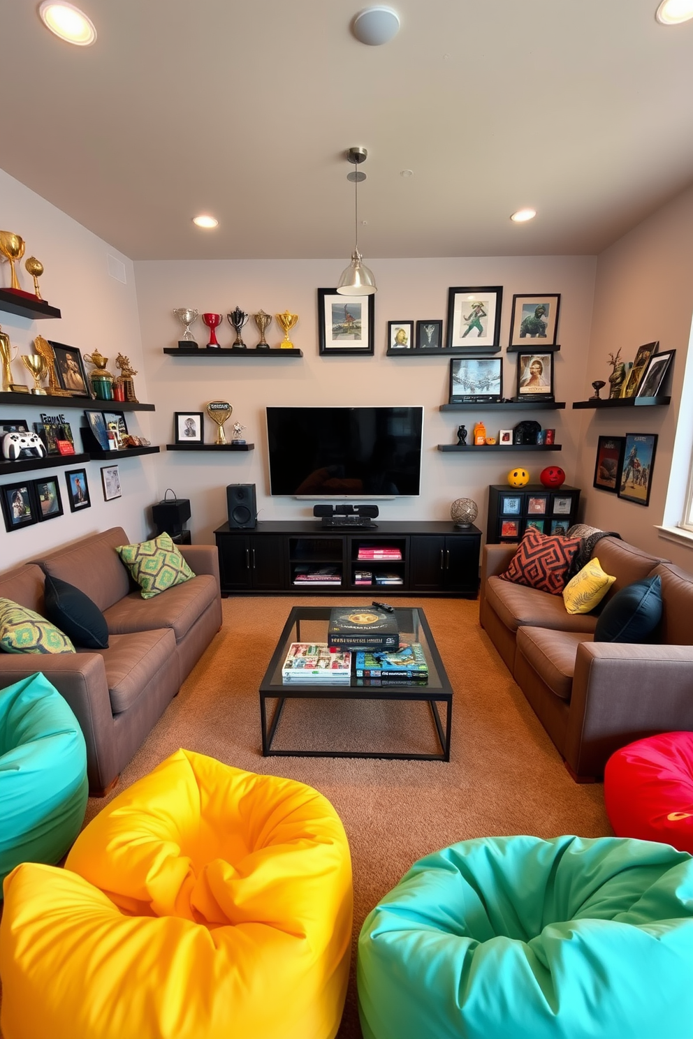 A cozy family game room featuring a large sectional sofa in a warm gray fabric, surrounded by colorful bean bags for additional seating. The walls are adorned with shelves displaying trophies and framed game achievements, creating a vibrant atmosphere that celebrates family gaming milestones. In the center of the room, a stylish coffee table holds a stack of board games, while a large flat-screen TV is mounted above a sleek media console. Soft lighting fixtures hang from the ceiling, providing a welcoming ambiance for family game nights.