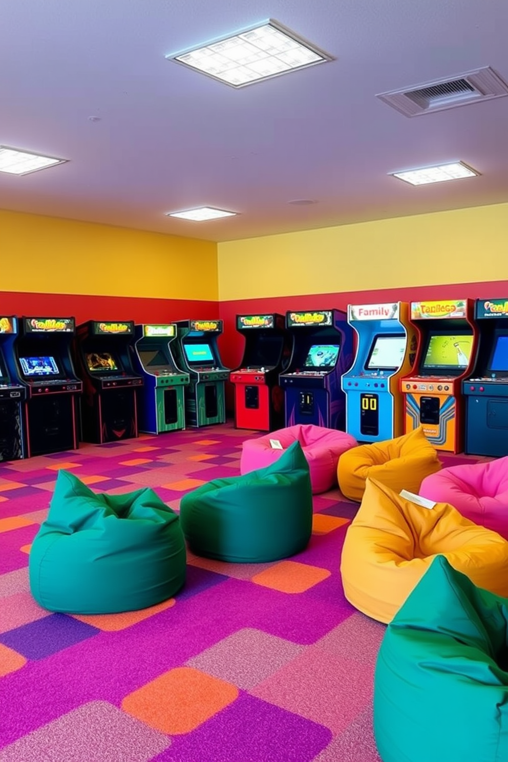 A vibrant family game room filled with retro arcade machines lined against the walls. The floor is covered in a colorful carpet, and plush bean bags are scattered throughout for comfortable seating.