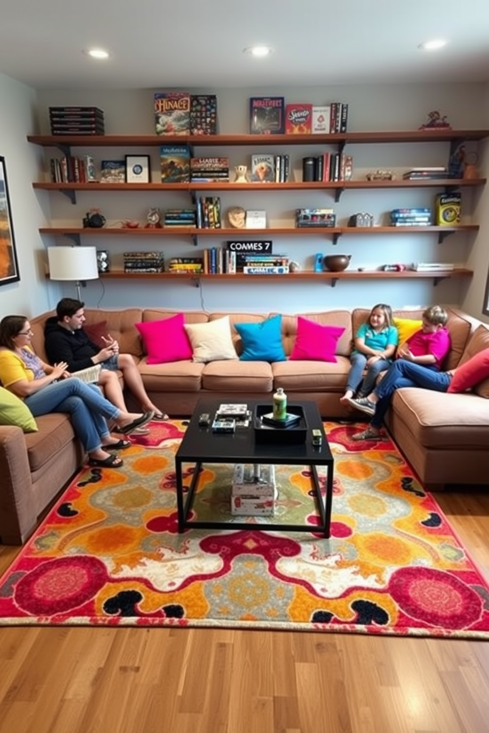 A cozy family game room filled with laughter and fun. The space features a large sectional sofa adorned with bright accent pillows in various colors for added comfort. A stylish coffee table sits in the center, surrounded by a vibrant area rug that ties the room together. Wall-mounted shelves display board games and books, while soft lighting creates a warm and inviting atmosphere.