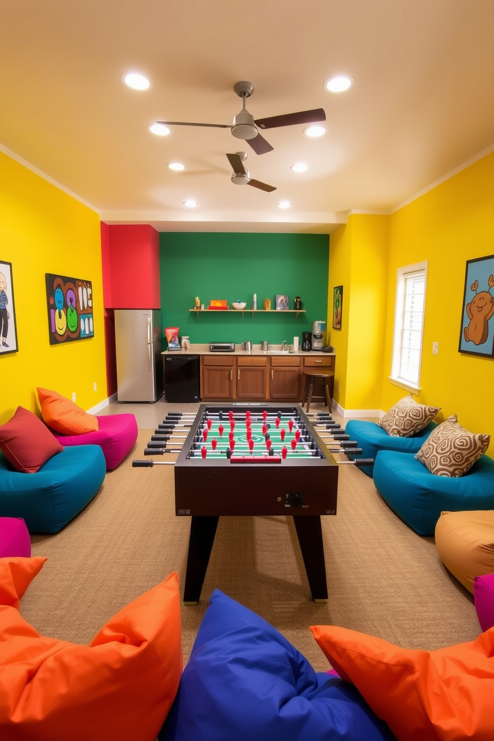 A vibrant family game room designed for fun and relaxation. The space features a foosball table in the center, surrounded by comfortable seating and colorful bean bags. Brightly colored walls create an energetic atmosphere, while playful artwork adorns the walls. A cozy corner with a small snack bar and a mini fridge adds convenience for family game nights.