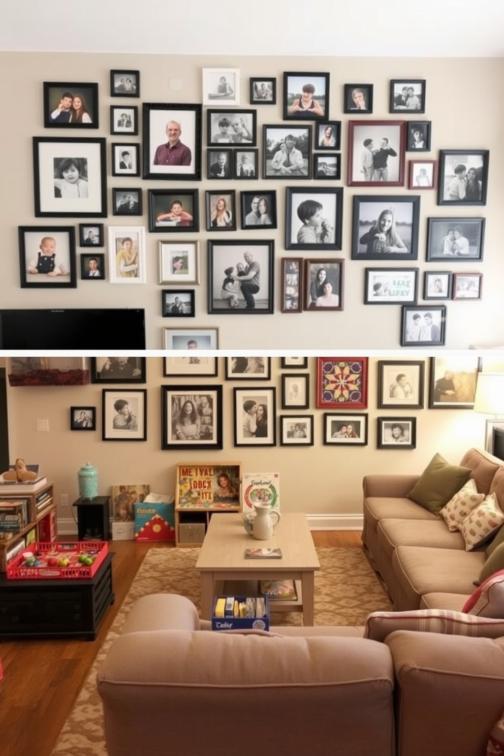 Create a family photo wall gallery featuring a mix of framed pictures in various sizes. The wall is painted in a soft neutral tone, and the frames are arranged in a visually appealing layout that tells a story of cherished moments. Design a cozy family game room that includes a large sectional sofa and a coffee table in the center. The space is adorned with colorful board games, a wall-mounted TV for movie nights, and playful decor that reflects the family's personality.