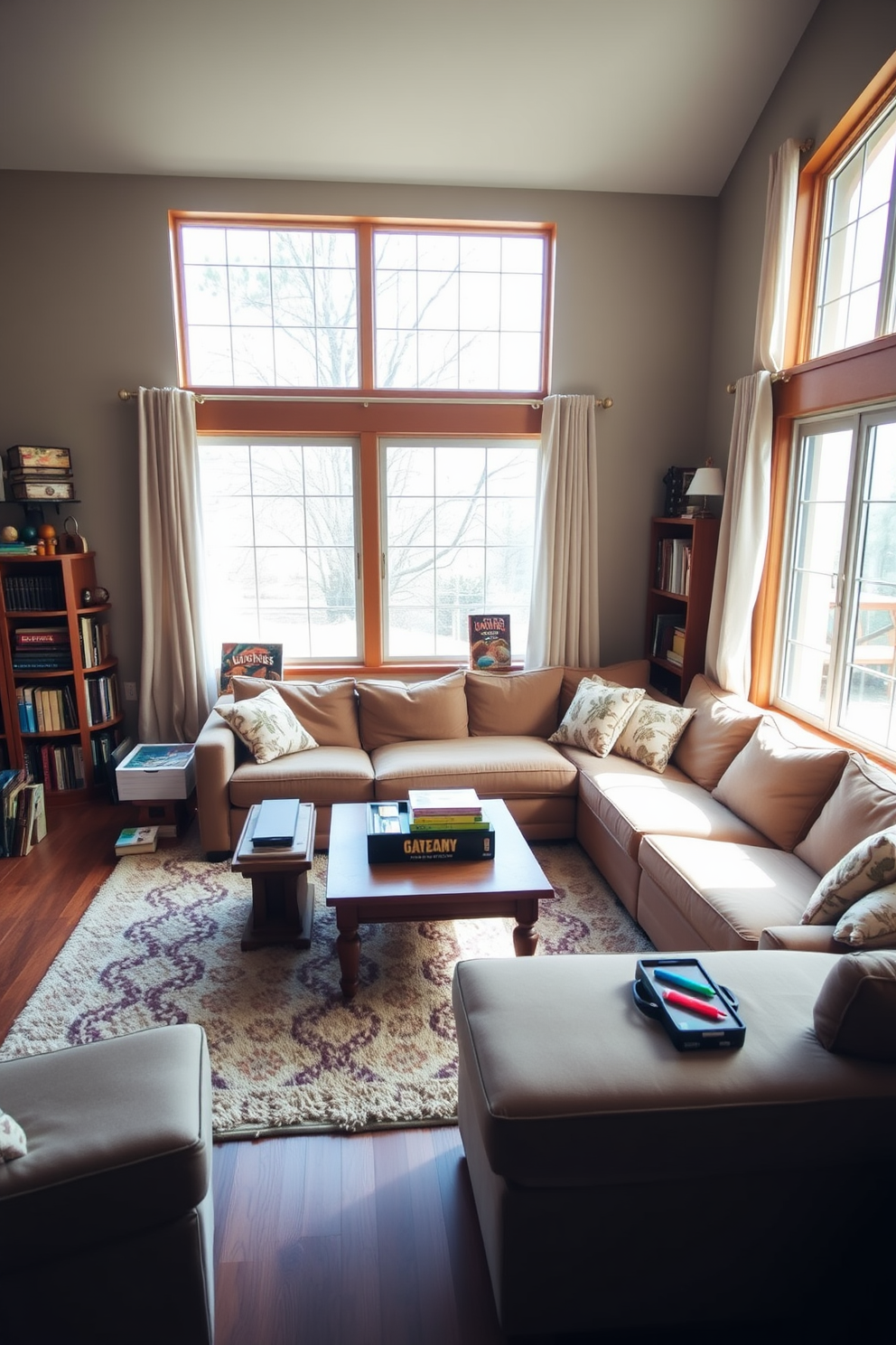 A cozy family game room filled with natural light. Large windows are adorned with soft, light-filtering curtains that allow sunlight to gently illuminate the space. The room features a comfortable sectional sofa in a warm color, paired with a plush area rug. A wooden coffee table sits in the center, surrounded by shelves filled with board games and books for family entertainment.