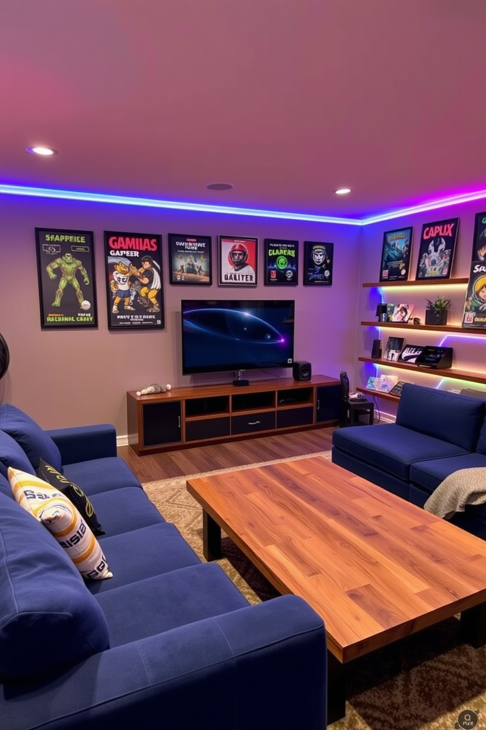 A vibrant family game room filled with excitement and comfort. The room features a large sectional sofa in a deep blue fabric, arranged around a sleek coffee table made of reclaimed wood. On one side, there is a wall-mounted flat-screen TV with a sound system, perfect for immersive gaming experiences. The walls are painted a warm gray, adorned with framed posters of classic video games and colorful LED strip lighting along the shelves.