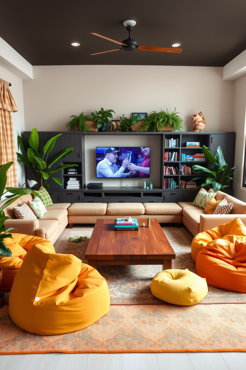 A cozy family game room features a variety of colorful floor cushions scattered around a large coffee table. The walls are adorned with playful artwork and shelves filled with board games, creating an inviting atmosphere for family gatherings.