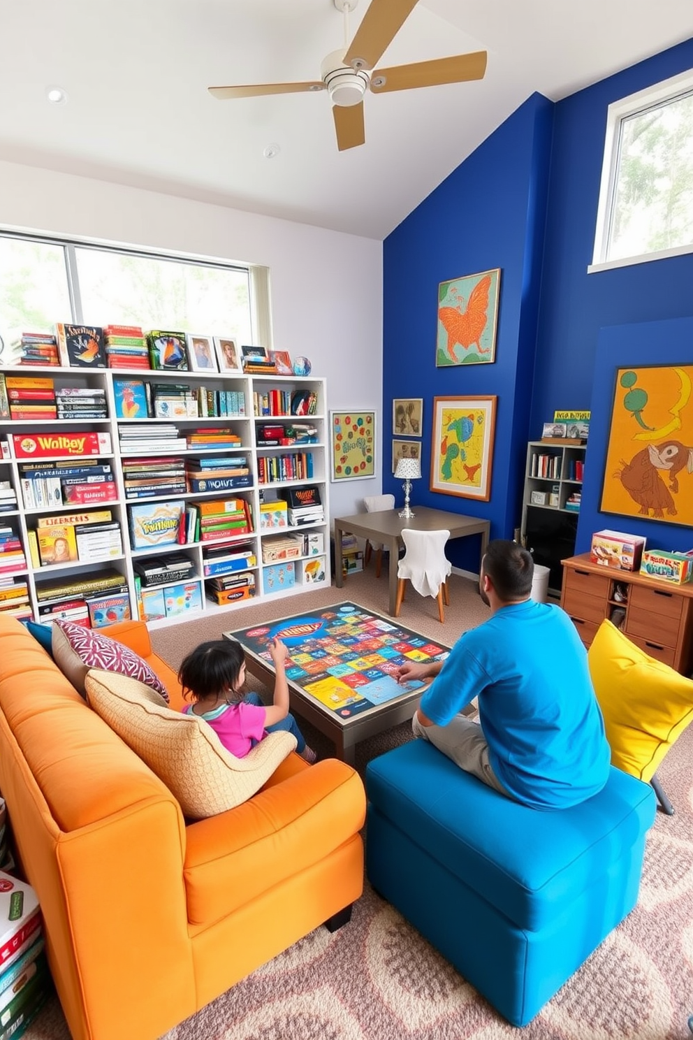 A vibrant family game room filled with energy and creativity. The space features a large sectional sofa in a bold color, surrounded by various board games and puzzles neatly organized on shelves. In one corner, a dedicated puzzle station with a large table and comfortable chairs invites family members to gather and collaborate. Bright artwork adorns the walls, and large windows let in natural light, creating an inviting atmosphere for fun and relaxation.