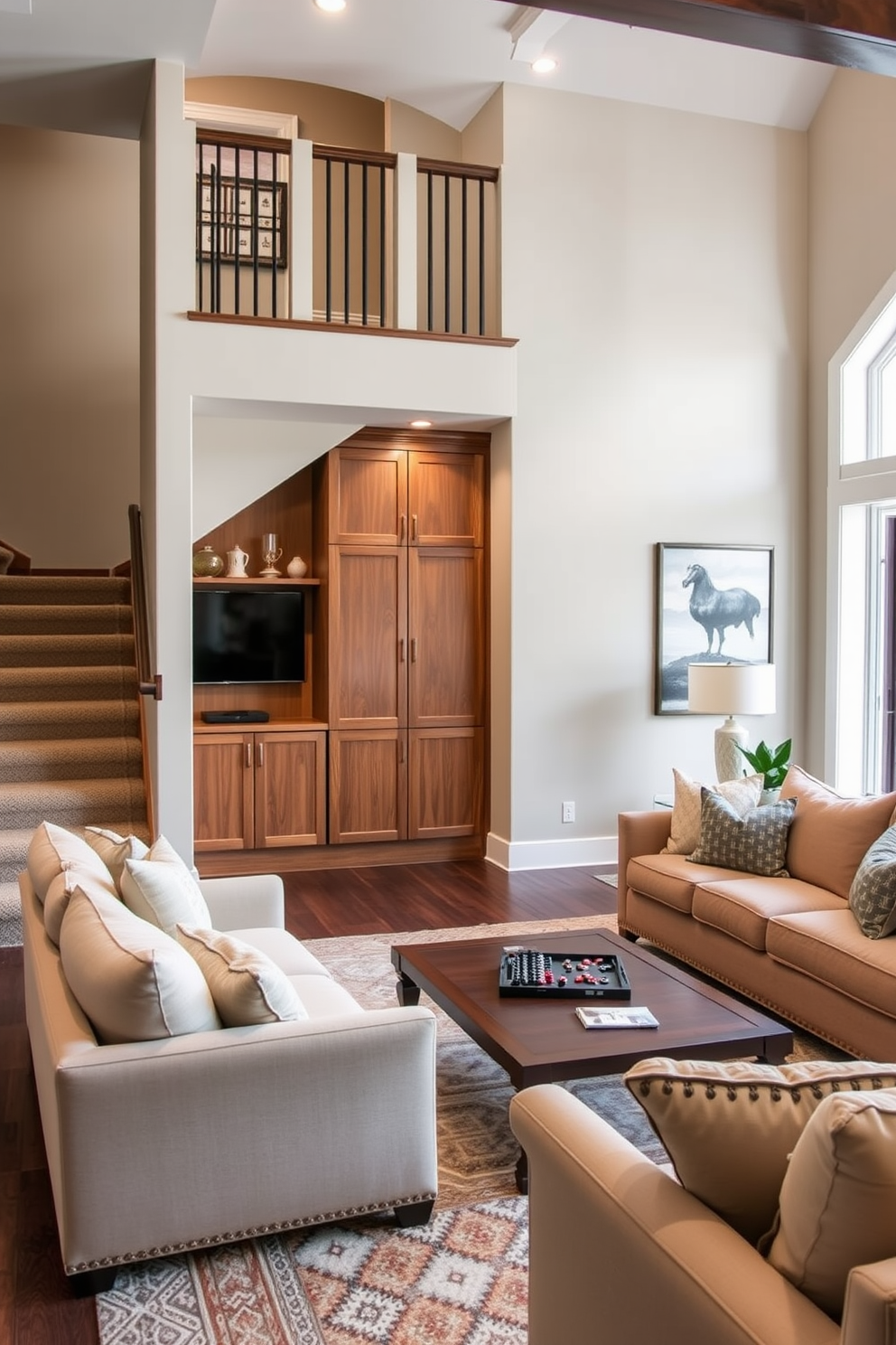 Utilize the under-stair space for storage by incorporating custom-built shelves and cabinets that blend seamlessly with the existing decor. The family game room features a cozy seating area with plush sofas and a large coffee table, perfect for game nights with friends and family.