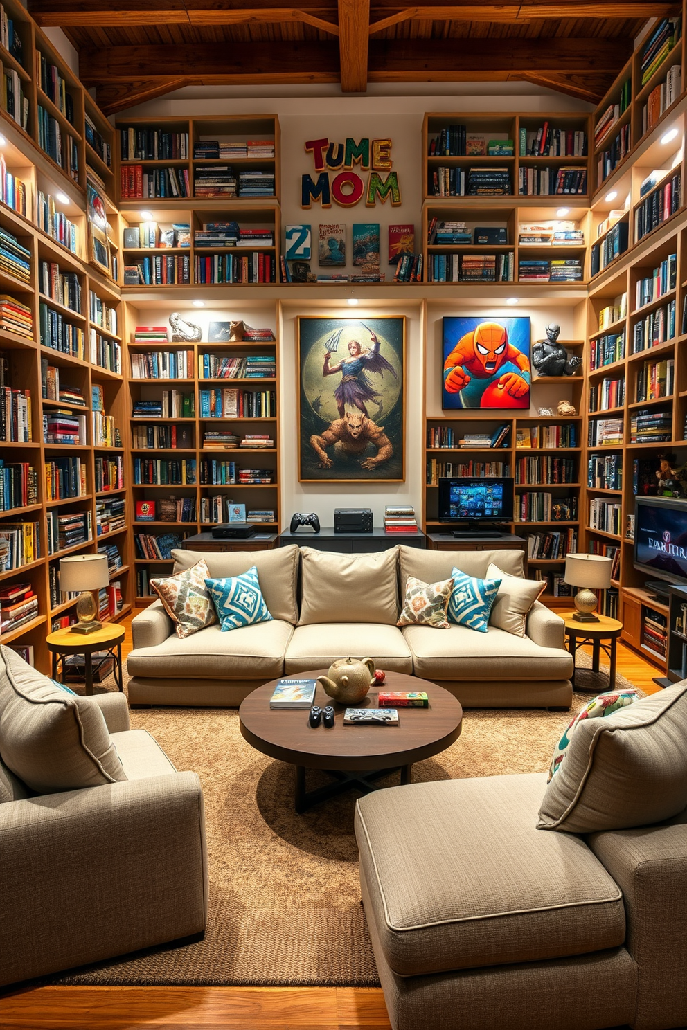 A vibrant gaming-themed bookshelf design featuring sleek black shelves adorned with colorful game memorabilia and action figures. The backdrop is painted in a deep blue, creating a striking contrast with the bright accents of the shelves. In the family game room, a cozy seating area is arranged with oversized bean bags and a low coffee table. The walls are decorated with framed posters of classic video games, enhancing the playful atmosphere of the space.