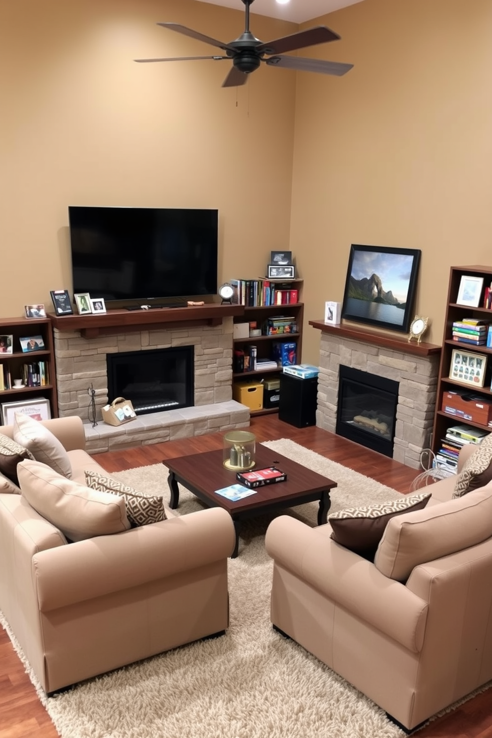 A cozy family game room features a large sectional sofa in a soft fabric, arranged around a central coffee table. The walls are painted in a warm beige tone, and a plush area rug adds comfort underfoot. In one corner, a stone fireplace provides warmth and ambiance, with a mantel decorated with family photos and books. A large flat-screen TV is mounted above the fireplace, and shelves filled with board games and toys are easily accessible for family fun.