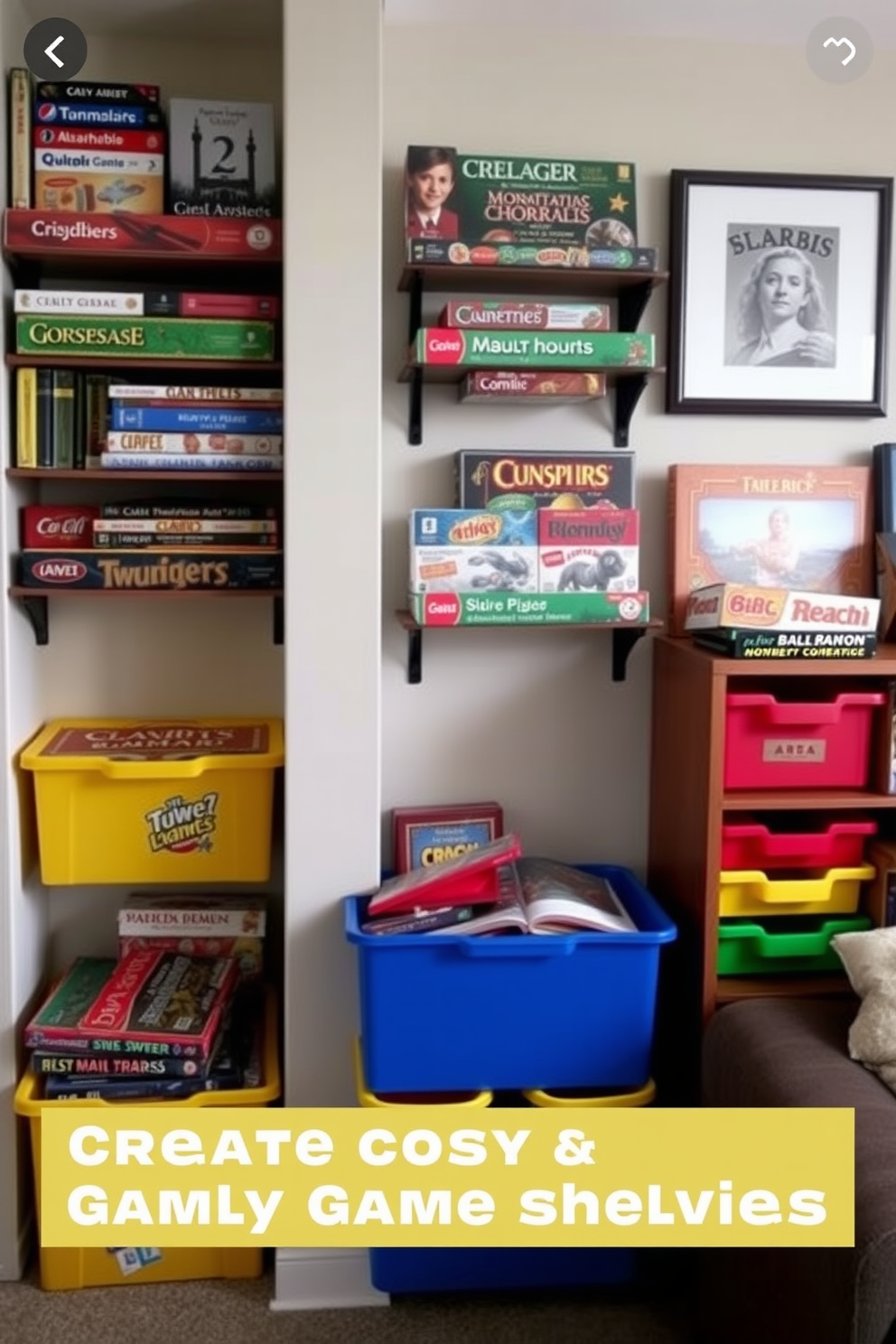 Create a cozy family game room featuring wall-mounted game shelves for easy access. The shelves are filled with a variety of board games and colorful storage bins, enhancing the playful atmosphere of the space.