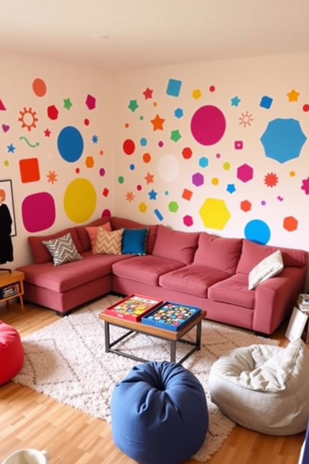 Create a vibrant family game room filled with playful wall decals featuring fun shapes and colors. The space includes a large sectional sofa, a coffee table with board games, and a cozy reading nook with bean bags.