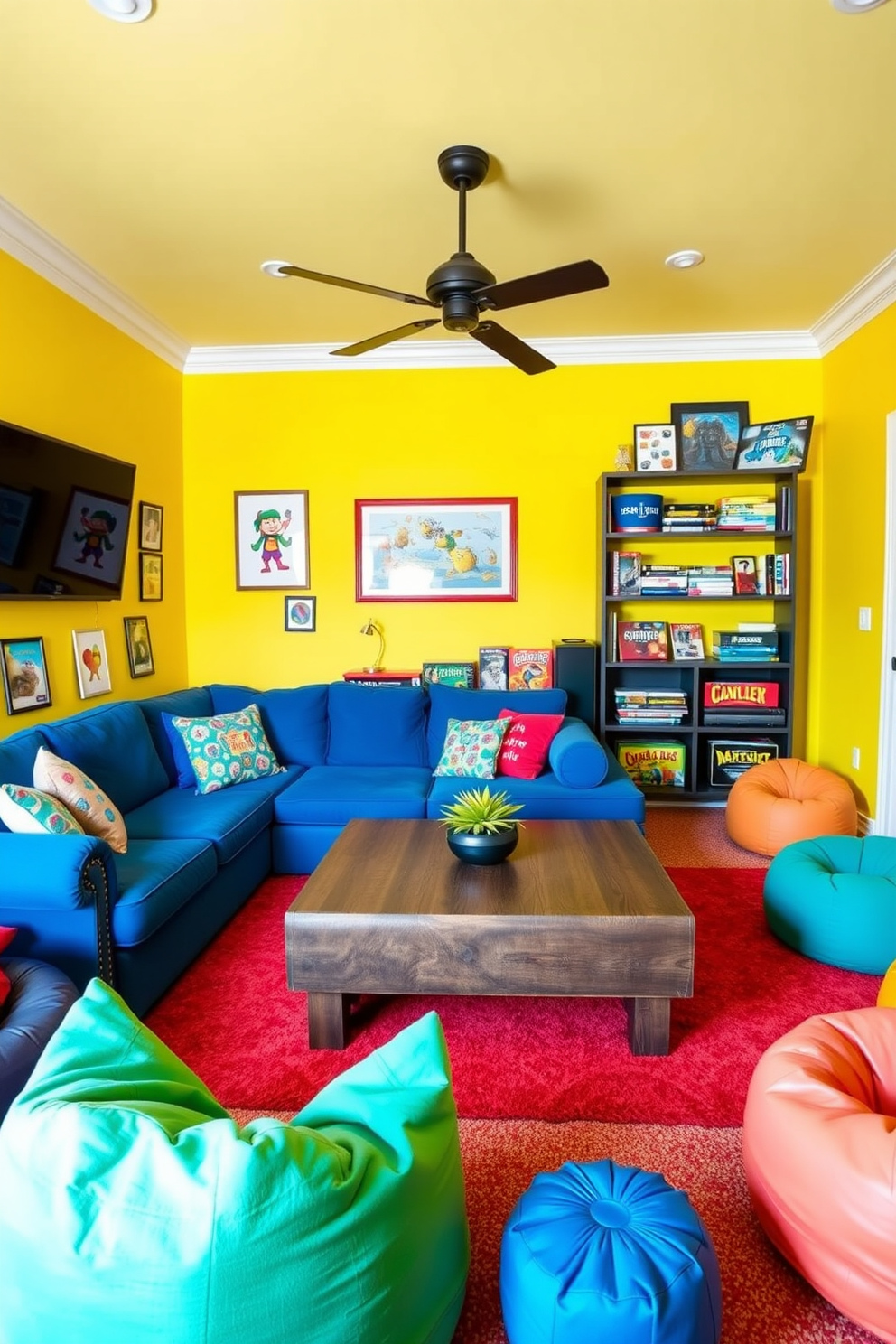 A vibrant family game room filled with retro arcade machines that evoke nostalgia. The walls are adorned with colorful posters from classic video games, creating a lively atmosphere. Cozy seating is arranged around the arcade machines, inviting friends and family to gather and play. Soft lighting enhances the playful vibe, while a vintage rug adds warmth to the space.