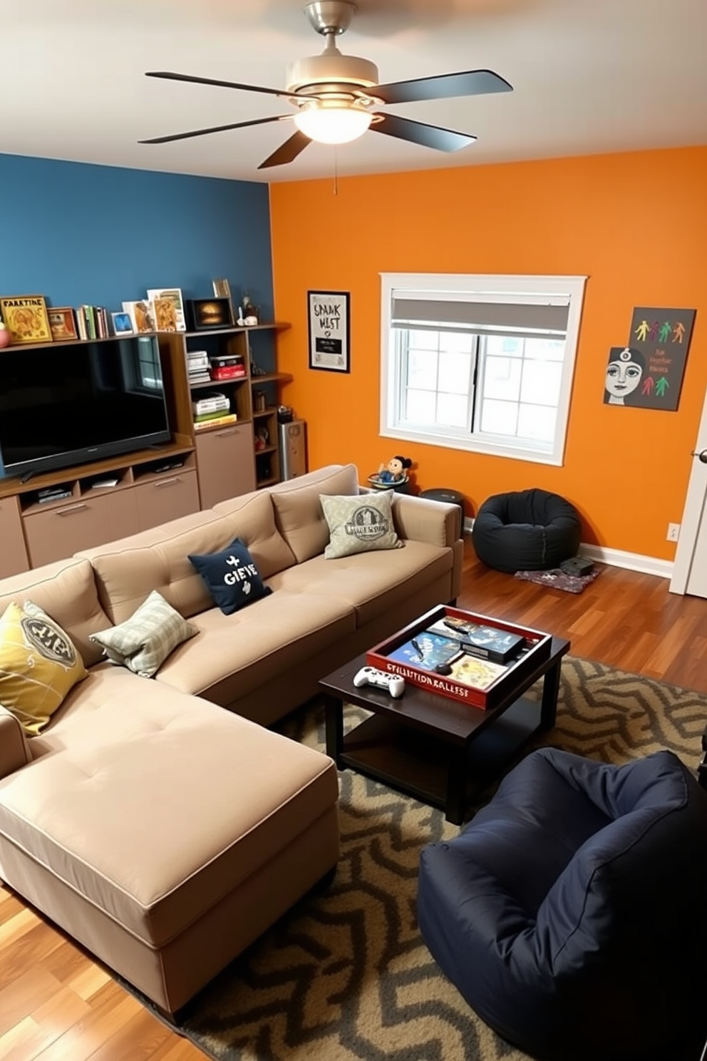 A spacious family game room features a large sectional sofa that doubles as a sleeper bed for guests. In the center of the room, a coffee table transforms into a dining table, surrounded by colorful ottomans that provide extra seating and storage. The walls are adorned with vibrant artwork and a chalkboard for family game scores. Soft, ambient lighting creates a cozy atmosphere, while a plush area rug defines the gaming zone, making it an inviting space for all ages.