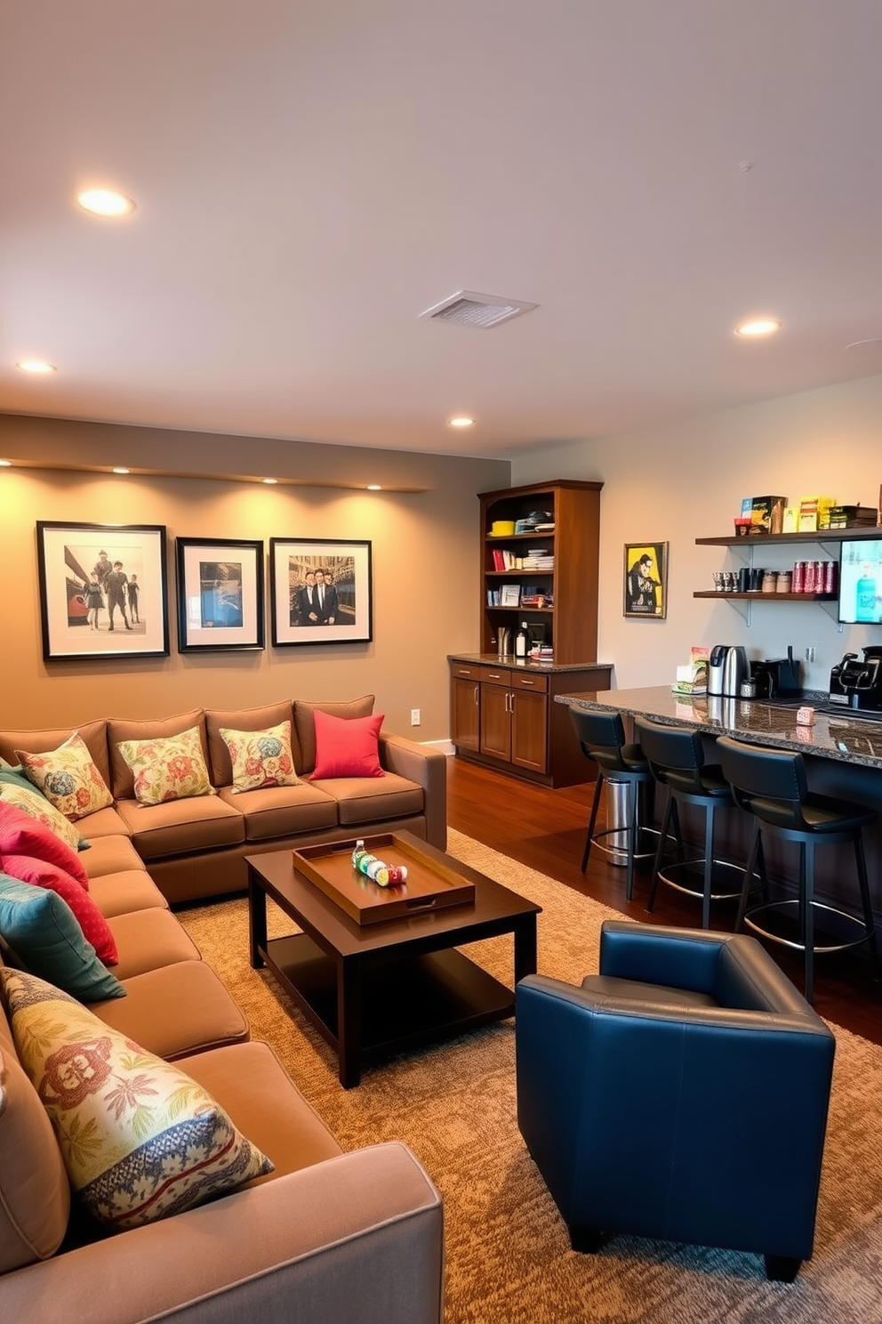 A cozy family game room featuring a snack bar for refreshments. The room includes a large sectional sofa with colorful throw pillows and a coffee table for game nights. The snack bar is equipped with stylish bar stools and shelves stocked with snacks and drinks. Warm lighting creates an inviting atmosphere, perfect for family gatherings and fun activities.