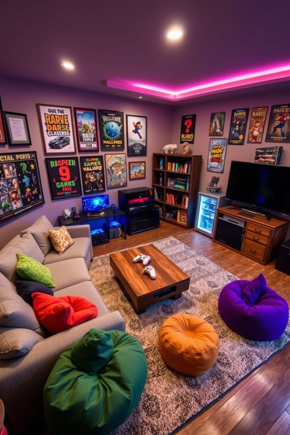 A cozy family game room inspired by favorite games. The walls are adorned with framed artwork and posters from classic video games, creating a vibrant atmosphere. A large sectional sofa in a soft gray fabric is positioned around a central coffee table made from reclaimed wood. Colorful bean bags and floor cushions provide additional seating for family and friends during game nights. The room features a dedicated gaming station with a sleek console setup and a large flat-screen TV mounted on the wall. Ambient lighting is provided by LED strip lights that change colors, enhancing the playful vibe of the space. A rustic bookshelf displays board games and collectibles, while a mini fridge stocked with snacks and drinks is conveniently placed nearby. The flooring is a plush area rug that adds warmth and comfort, inviting everyone to relax and enjoy their favorite games together.