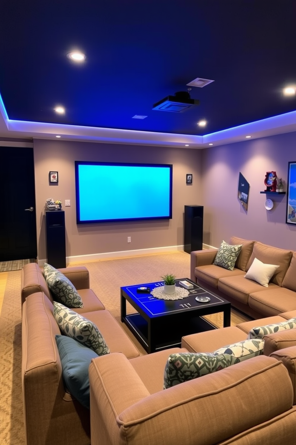 A cozy family game room featuring soft ambient lighting that creates a relaxed atmosphere. The space includes a large sectional sofa adorned with plush cushions, a coffee table made of reclaimed wood, and a vibrant area rug that adds warmth to the room. In one corner, a wall-mounted flat-screen television is flanked by built-in shelves filled with board games and books. A small bar cart stocked with snacks and drinks enhances the inviting feel, making it the perfect spot for family gatherings and game nights.