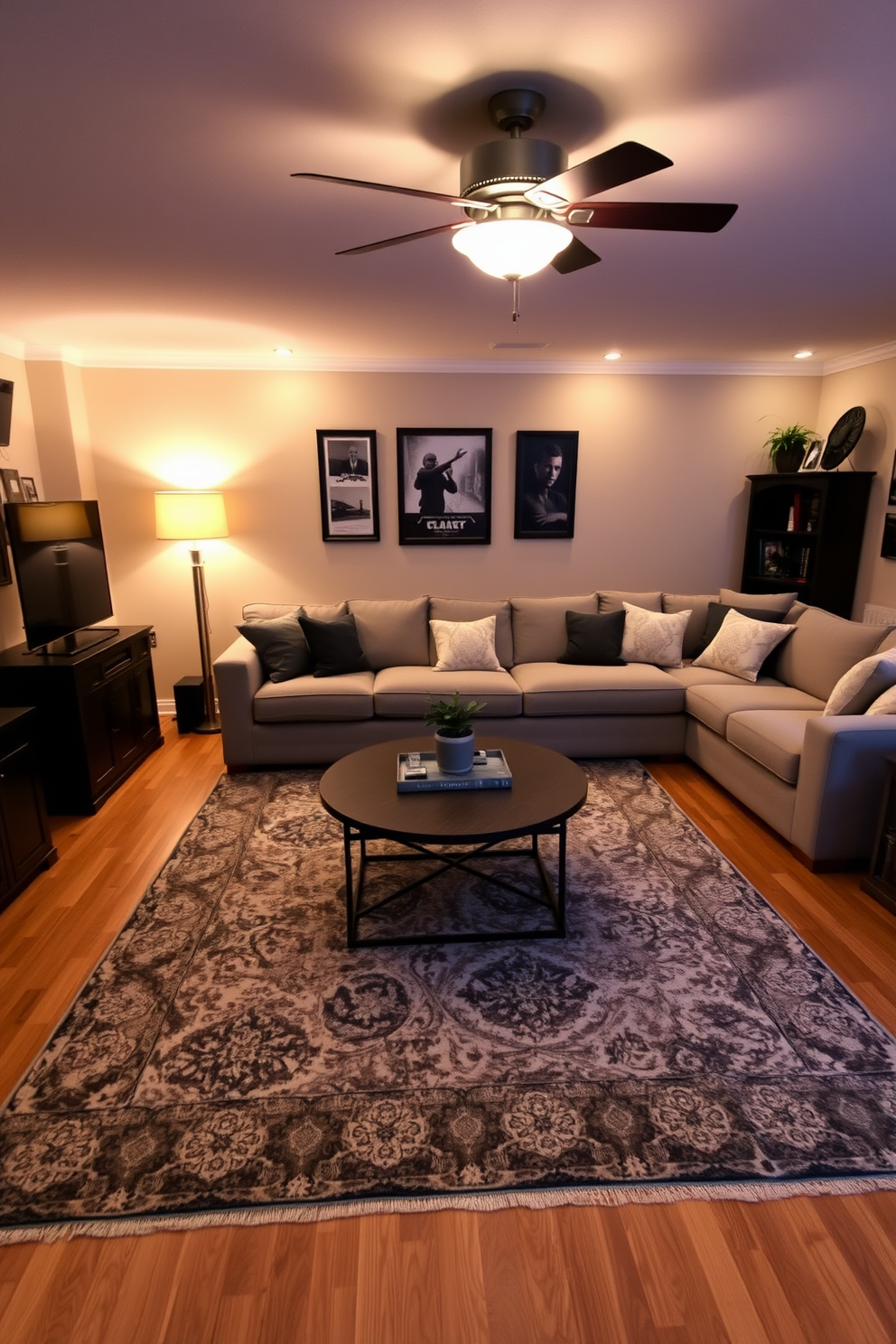 A cozy family game room designed for relaxation and fun. The space features a large sectional sofa adorned with plush cushions, inviting everyone to gather and enjoy. Soft ambient lighting creates a warm atmosphere, enhancing the comfort of the room. A stylish coffee table sits in the center, surrounded by a rug that adds texture and warmth to the hardwood floor.