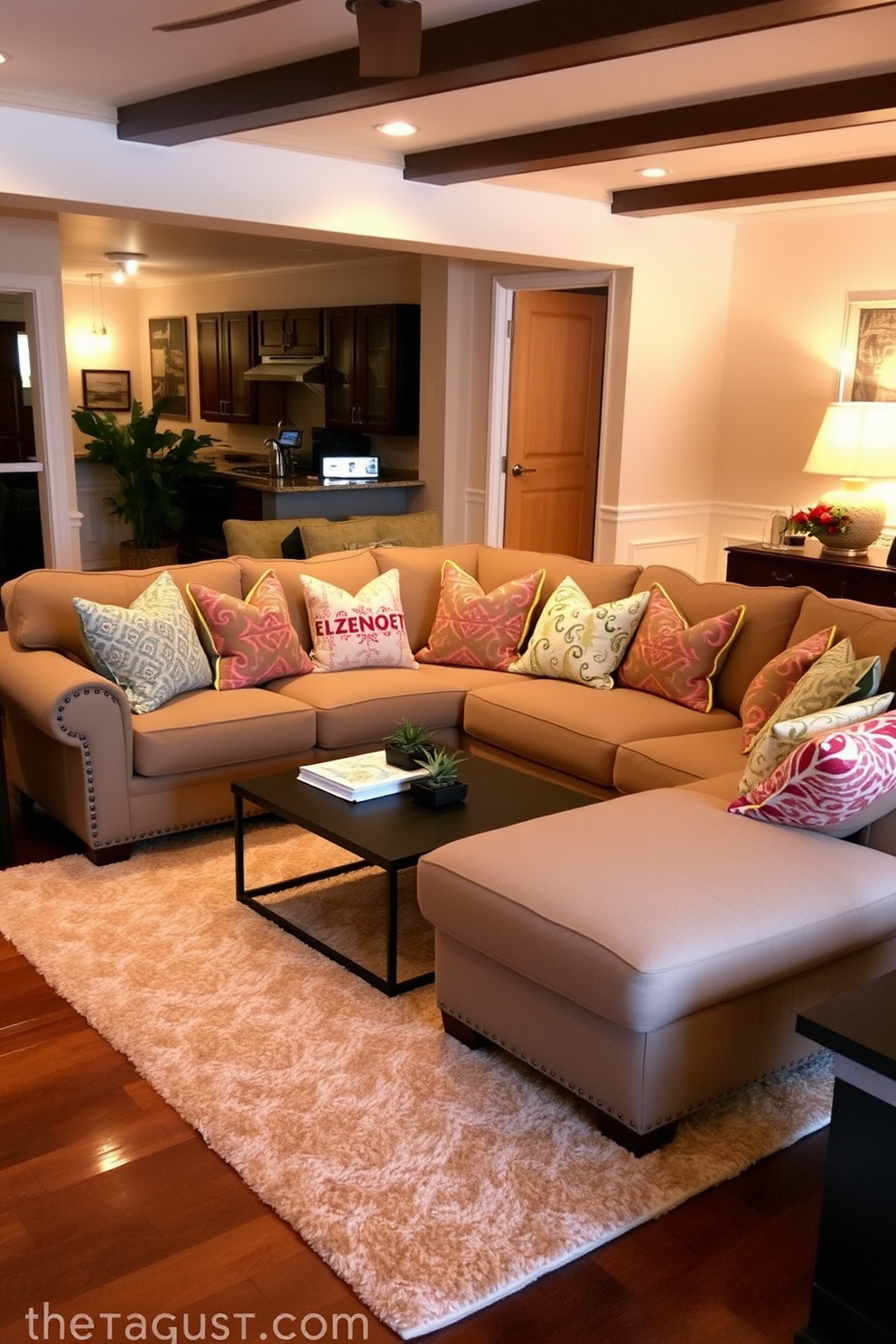 A cozy sectional sofa is positioned in the center of the family room, adorned with an array of colorful patterned throw pillows that add a touch of personality. A soft area rug anchors the space, while warm ambient lighting creates an inviting atmosphere for relaxation and gatherings.