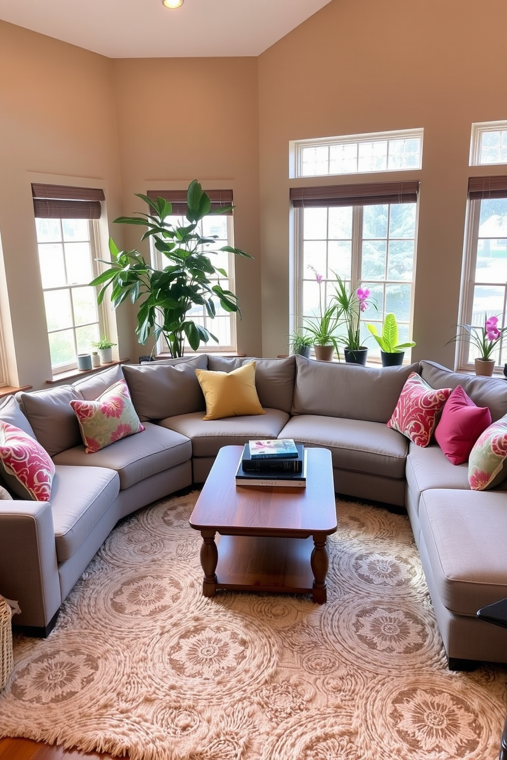 A cozy family room featuring a large sectional sofa in a soft gray fabric, adorned with colorful throw pillows. In the corner, a tall indoor plant adds a touch of greenery, while a wooden coffee table sits centrally, topped with a stack of books and a decorative tray. The walls are painted in a warm beige tone, creating an inviting atmosphere. A plush area rug anchors the seating area, and large windows allow natural light to flood the space, highlighting the vibrant plants placed on the windowsill.