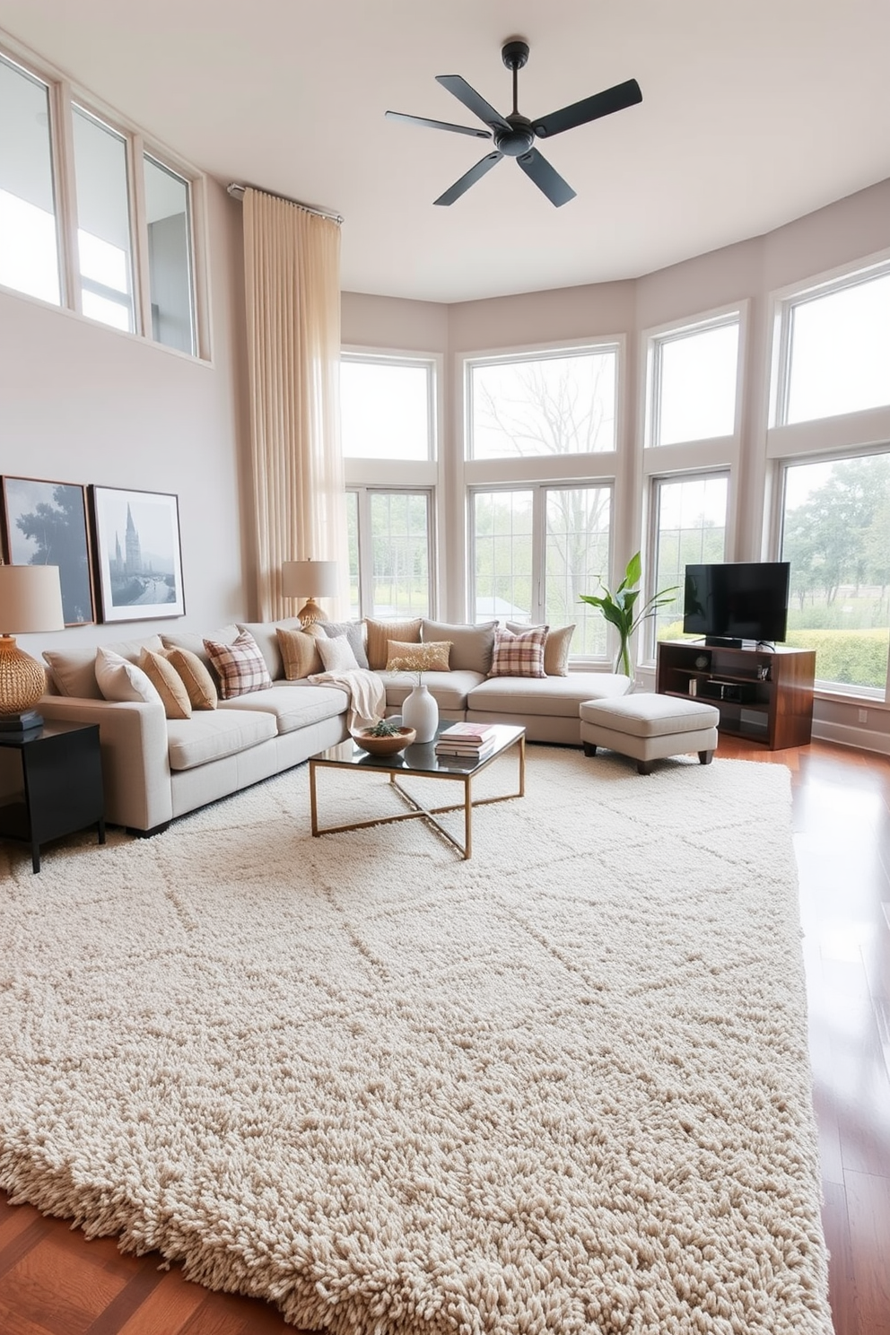 A cozy family room filled with natural wood elements that exude rustic charm. The walls are adorned with reclaimed wood paneling, and a large wooden beam runs across the ceiling to enhance the warm atmosphere. A comfortable sectional sofa in earthy tones is positioned around a handcrafted wooden coffee table. Soft throw blankets and textured cushions add layers of comfort, while large windows allow natural light to flood the space.