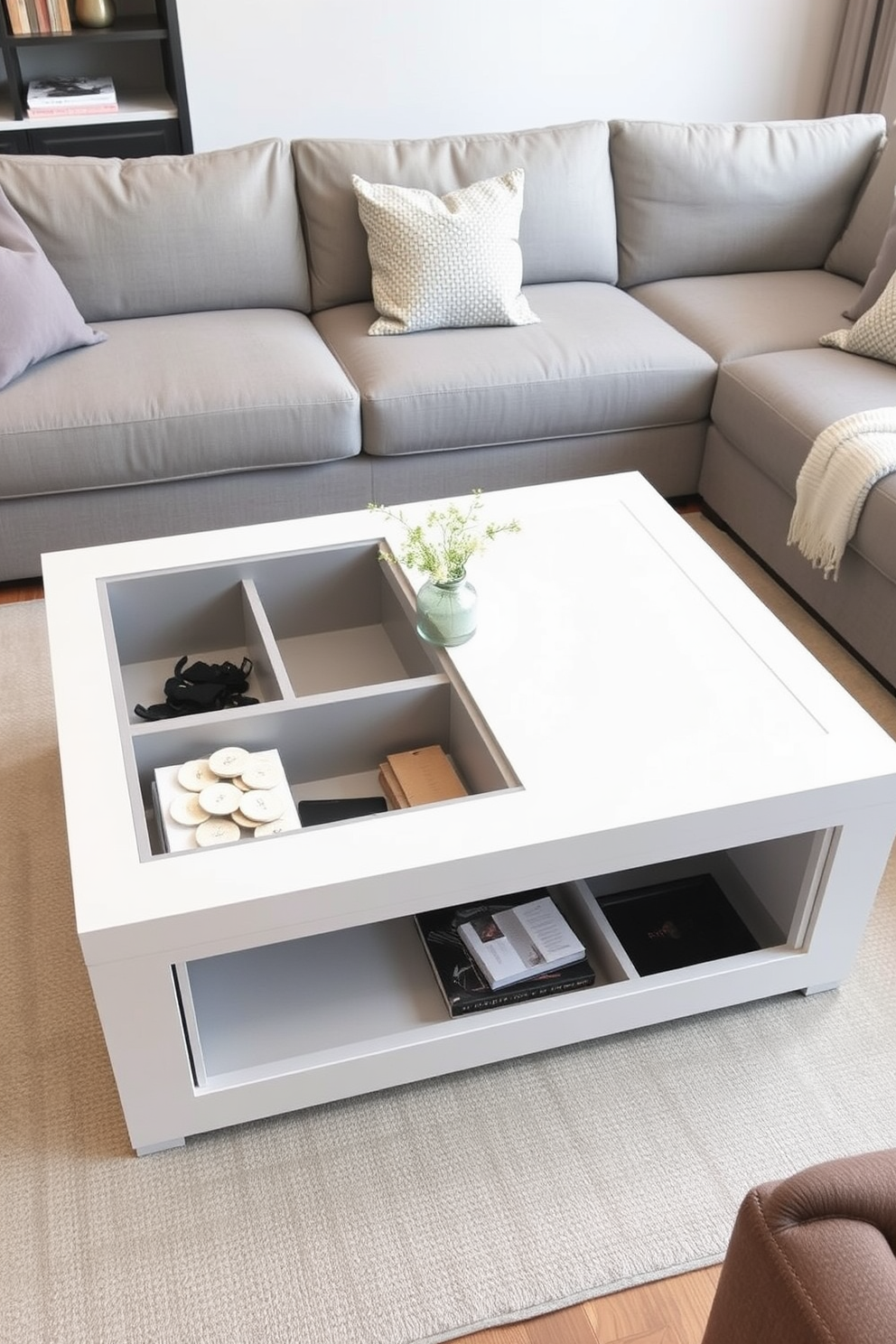 A stylish coffee table featuring a sleek design with integrated storage compartments. The table is surrounded by a cozy sectional sofa upholstered in a soft gray fabric, creating an inviting atmosphere for family gatherings.