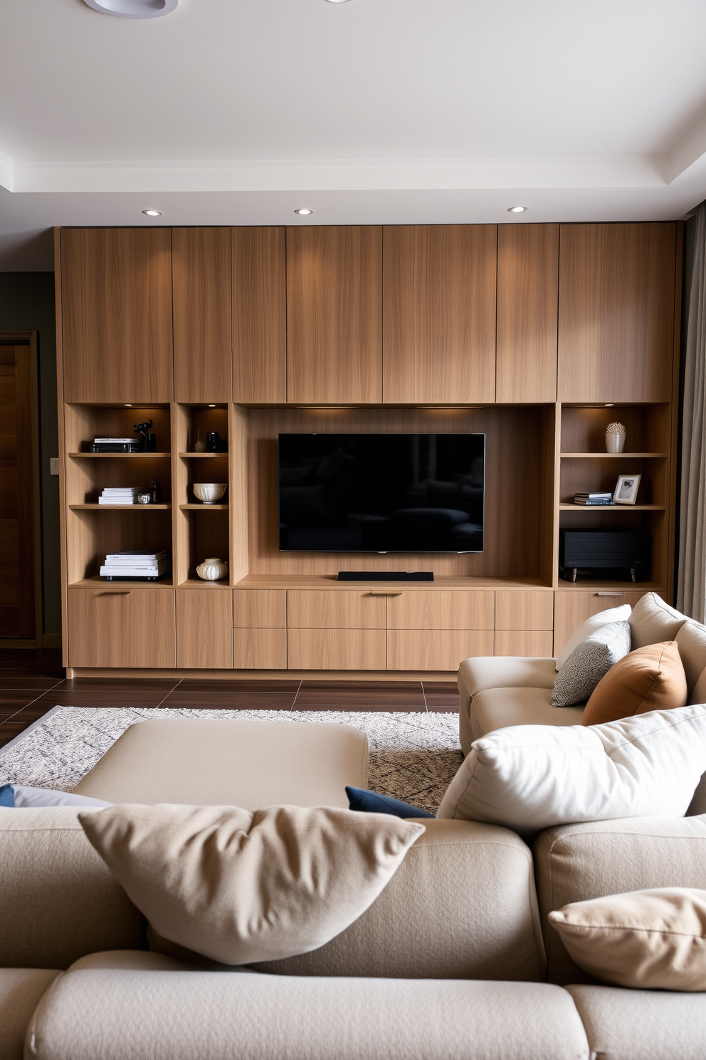 A spacious family room designed with an open layout that encourages easy flow and interaction among family members. The room features large windows allowing natural light to flood in, complemented by a cozy seating arrangement centered around a modern coffee table. Soft neutral tones dominate the color palette, creating a warm and inviting atmosphere. A stylish area rug anchors the seating area, while a collection of decorative cushions adds a pop of color and texture.