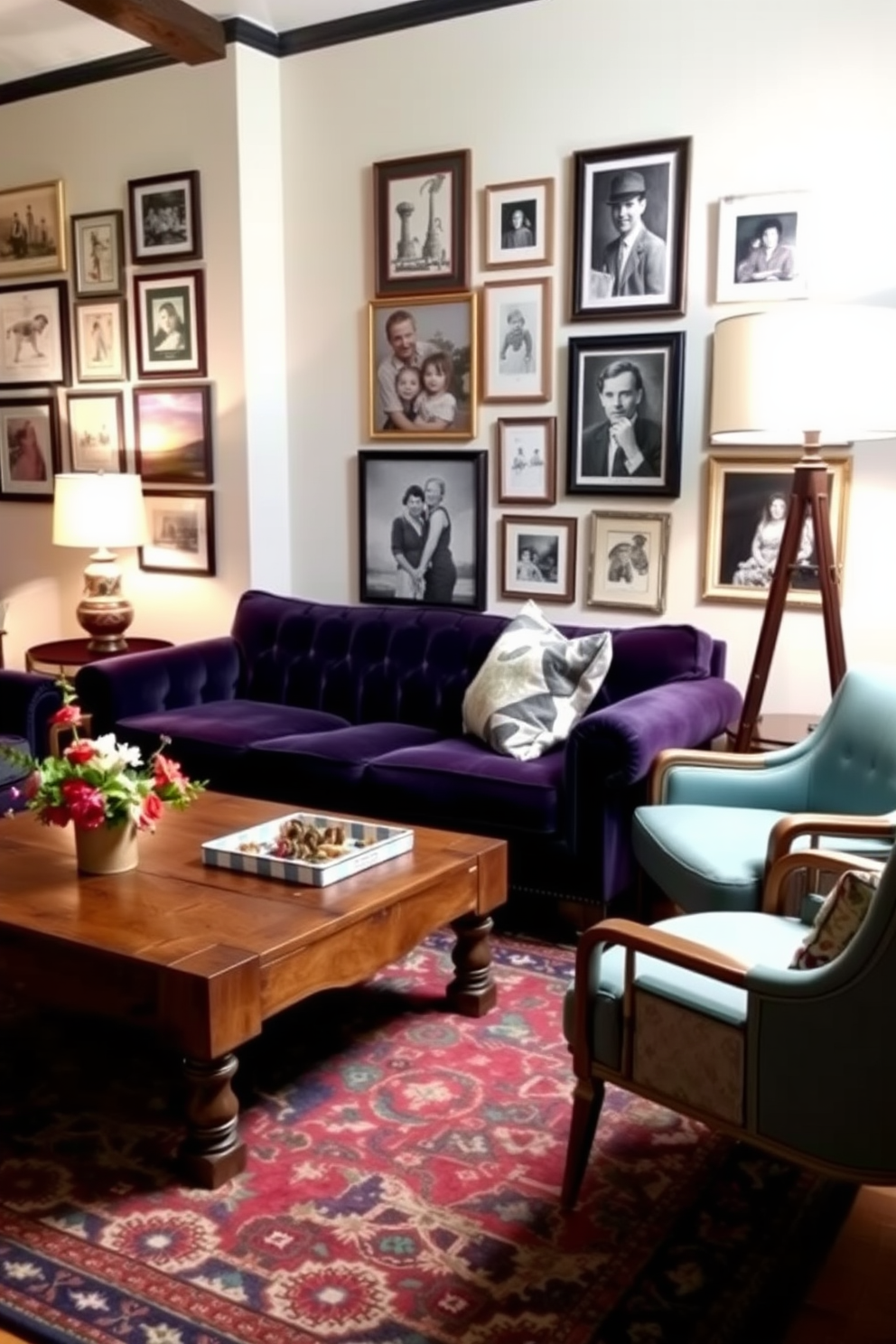 A cozy family room filled with vintage decor pieces that add unique character. A distressed leather sofa sits against the wall, adorned with colorful patchwork cushions and an antique coffee table in the center. On the shelves, an assortment of vintage books and decorative trinkets create a warm and inviting atmosphere. The walls are painted in a soft cream color, and a patterned area rug anchors the seating area, enhancing the room's charm.