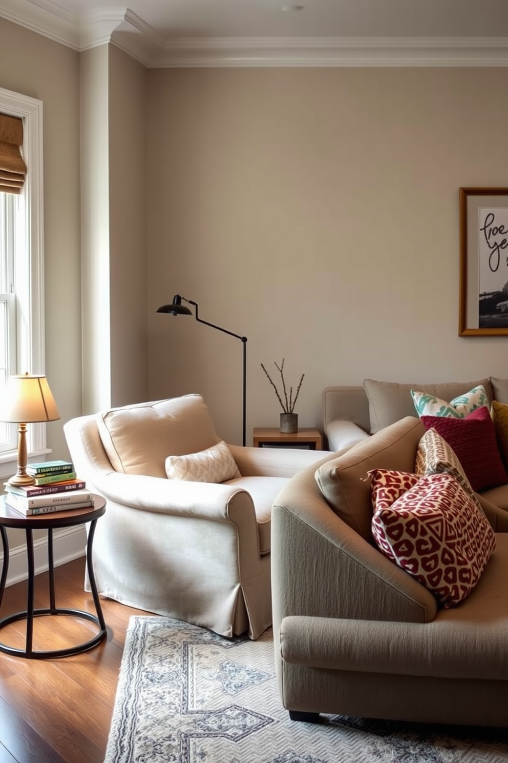 A cozy game area featuring plush sectional sofas arranged around a sleek coffee table. The walls are adorned with vibrant artwork, and a large flat-screen TV is mounted above a stylish media console. The flooring is a warm hardwood, complemented by a soft area rug that adds texture. Shelves filled with board games and books create an inviting atmosphere for family gatherings.