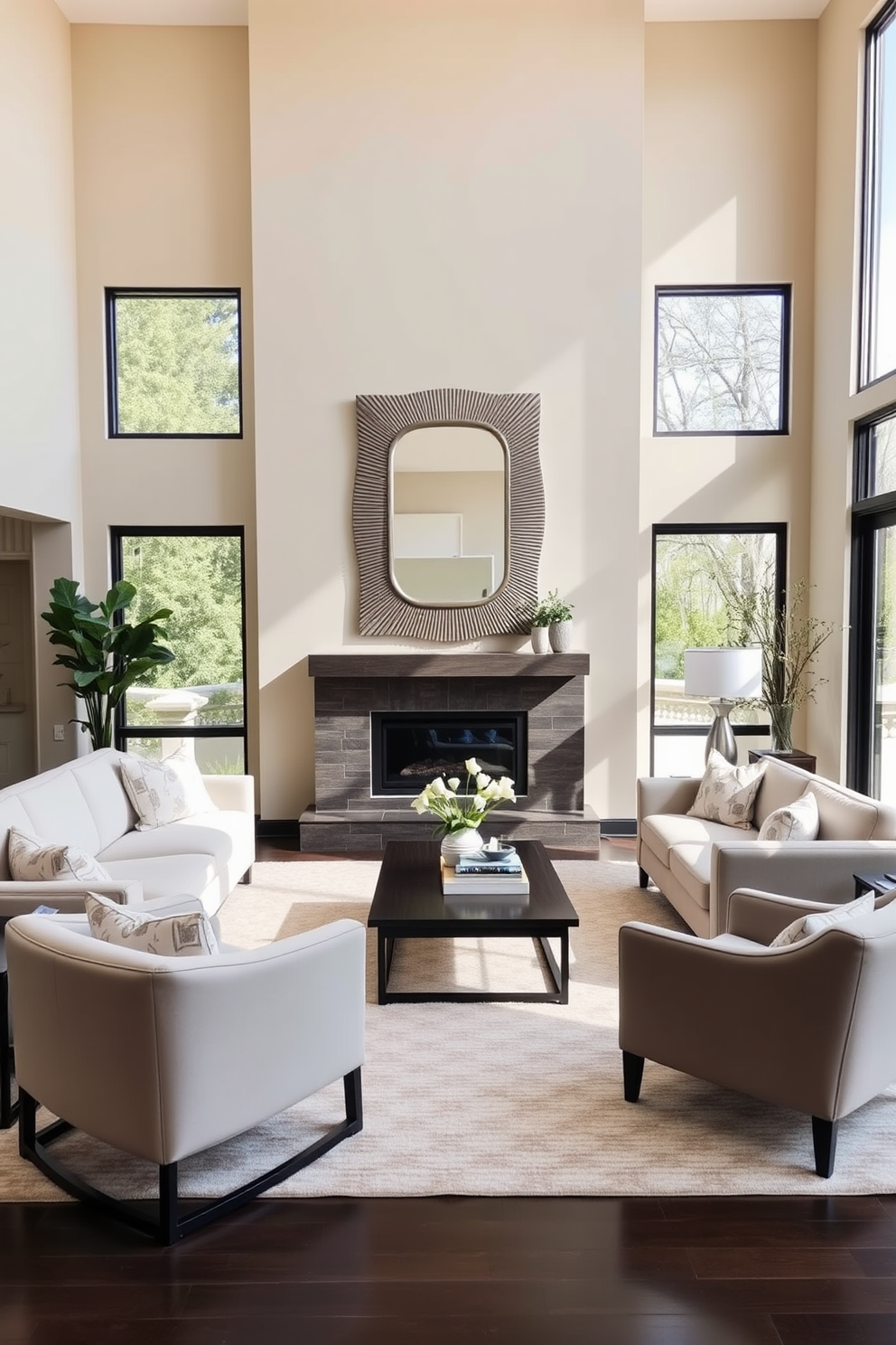 A spacious family room with large windows allowing natural light to flood the space. The walls are painted in a soft beige, complemented by a plush cream sofa and a pair of modern accent chairs. A large decorative mirror is mounted above a sleek fireplace, reflecting the light and adding depth to the room. A stylish coffee table sits in the center, surrounded by a cozy area rug that ties the color palette together.