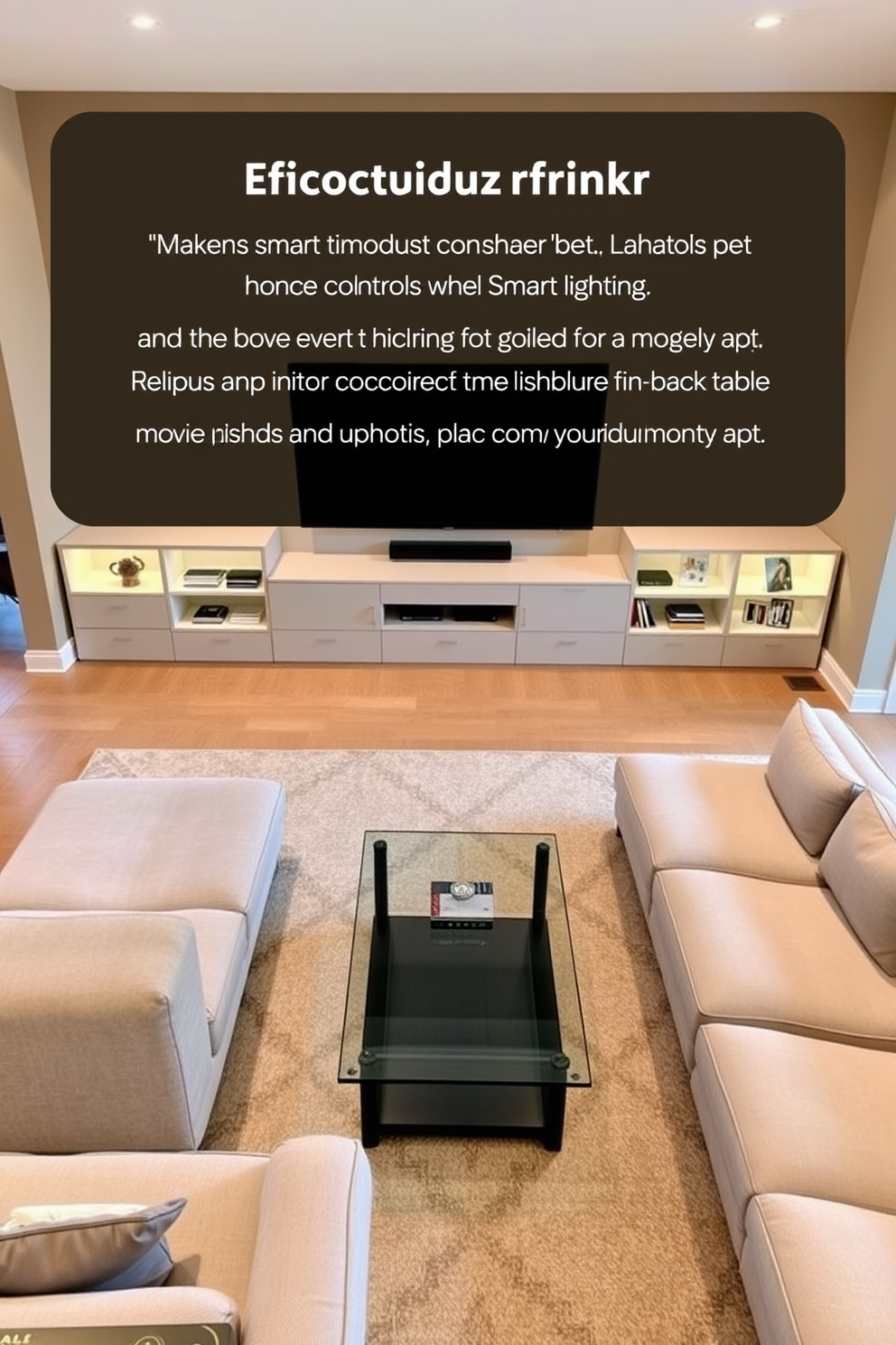 A modern family room featuring a large sectional sofa in a soft gray fabric, complemented by a sleek glass coffee table at the center. The walls are painted in a warm beige tone, and a large flat-screen TV is mounted above a minimalist entertainment unit with smart home controls. Incorporate smart lighting that can be adjusted through a mobile app, creating a cozy atmosphere for movie nights. A set of built-in shelves displays family photos and books, while a stylish area rug adds texture and warmth to the space.