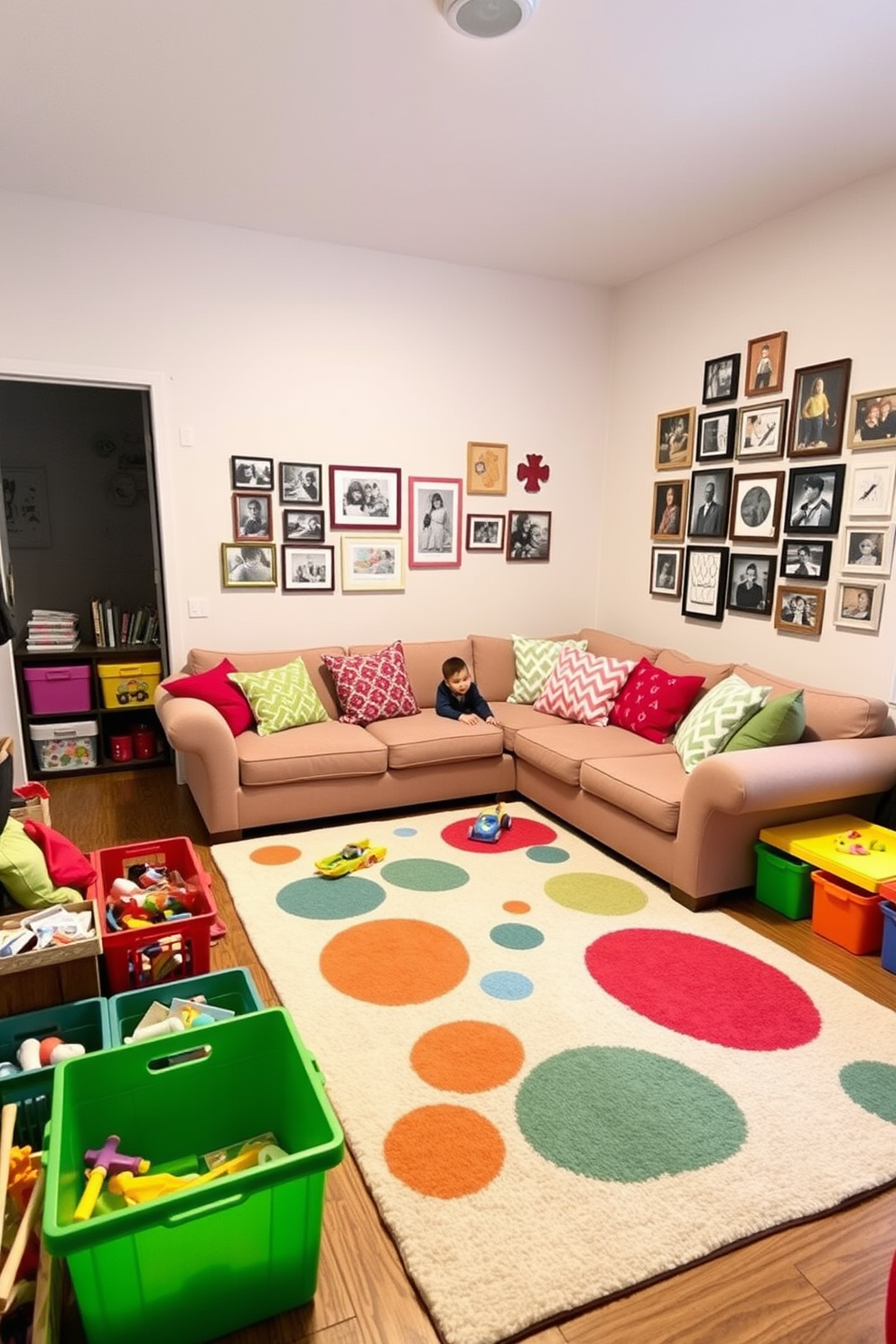 A vibrant family room filled with playful decor that invites interaction and fun. Colorful cushions scatter across a large, cozy sectional sofa, while a whimsical area rug adds warmth and character to the space. On one wall, a gallery of family photos in mismatched frames creates a personal touch. A corner play area features a soft rug, toys neatly organized in colorful bins, and a small table for arts and crafts activities.