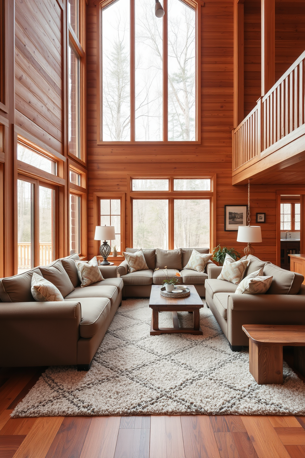 A cozy family room featuring layered rugs that add texture and warmth to the space. The first rug is a plush, neutral-toned piece, while the second is a vibrant patterned design that creates visual interest.