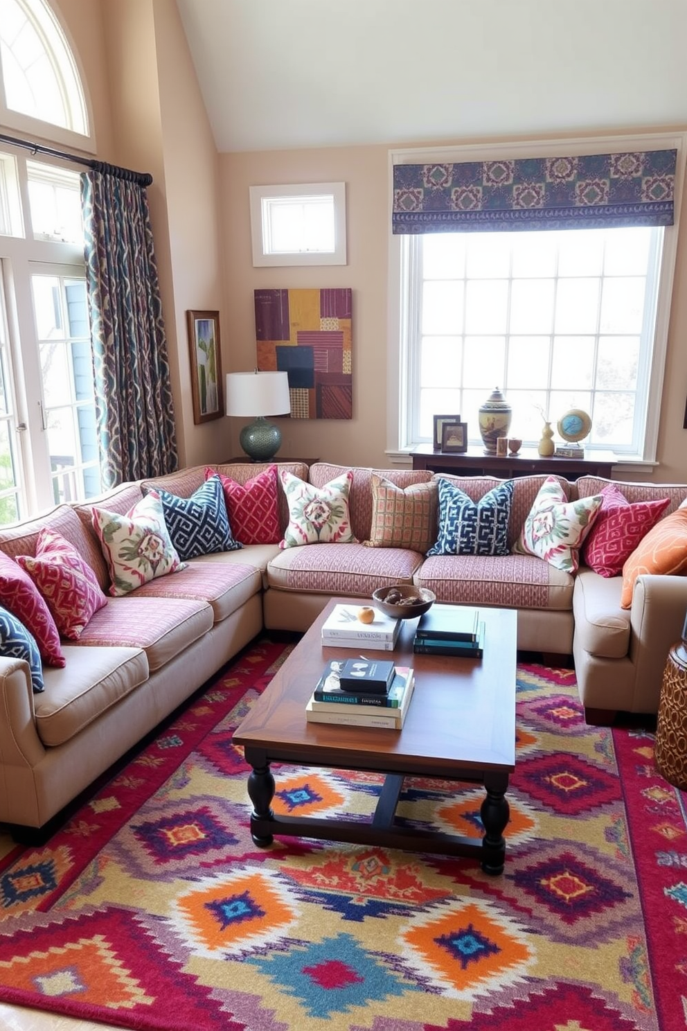 A cozy family room with a mix of patterned throw pillows on a large sectional sofa. The walls are painted in a warm beige, and a colorful area rug features geometric designs that complement the various patterns in the room. A wooden coffee table sits in the center, adorned with a stack of books and a decorative bowl. Large windows allow natural light to flood the space, highlighting the eclectic mix of patterns in curtains and wall art.