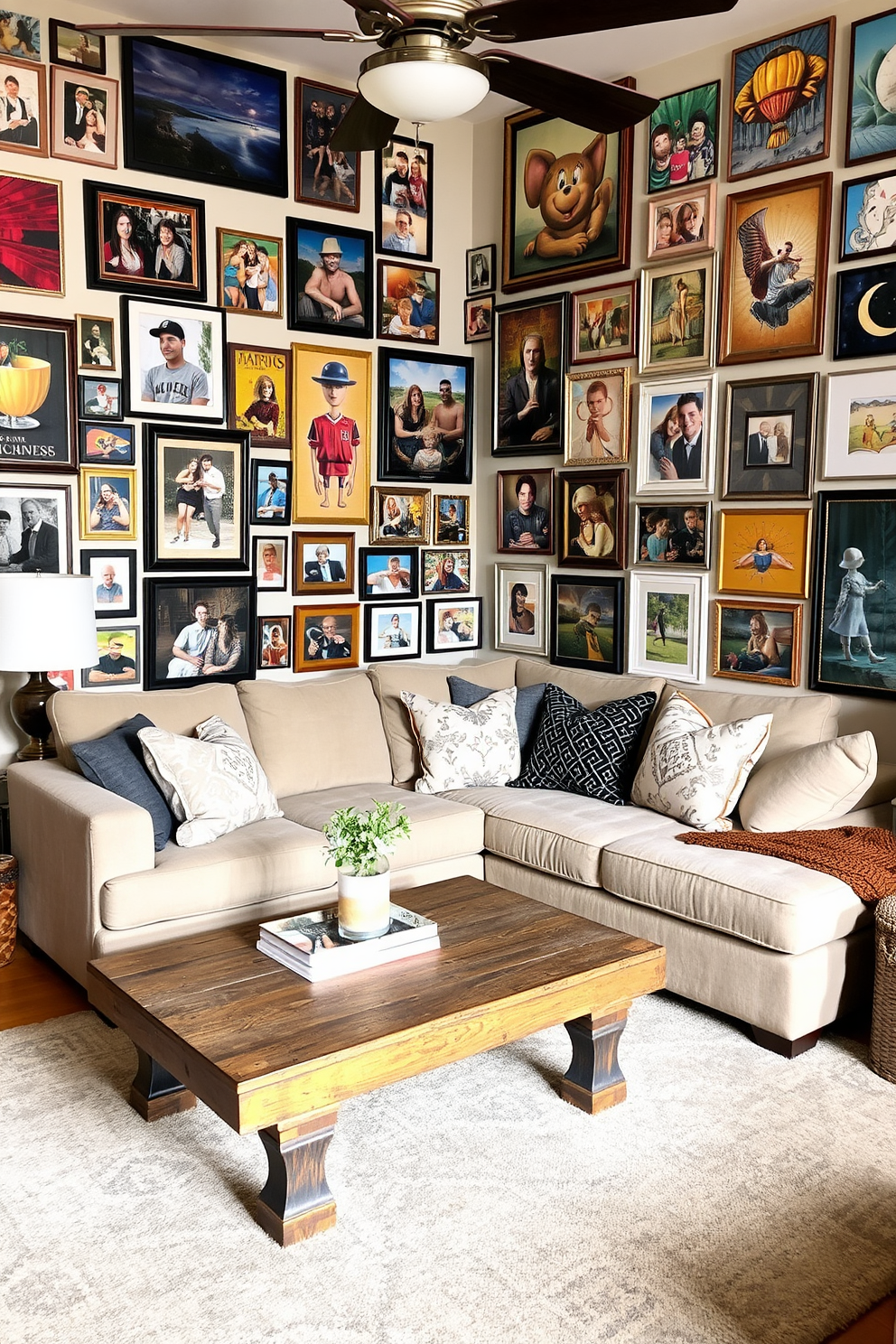 A cozy family room filled with personalized artwork that reflects the unique personalities of its inhabitants. The walls are adorned with a mix of framed photographs and colorful paintings, creating a vibrant and inviting atmosphere. A plush sectional sofa in a neutral tone is positioned around a rustic coffee table, encouraging conversation and relaxation. Soft throw pillows in various patterns and textures add warmth, while a stylish area rug anchors the space.