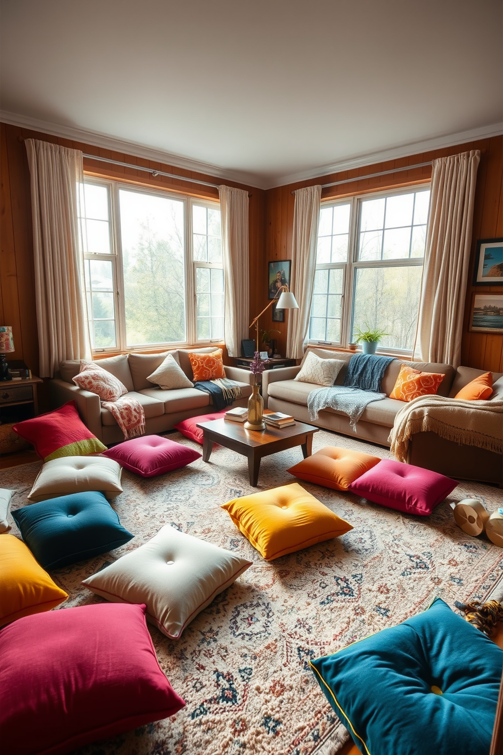 A cozy family room features an array of colorful floor cushions scattered across a soft area rug. The cushions are in various shapes and sizes, creating an inviting space for casual seating and relaxation. Natural light floods the room through large windows, illuminating the warm wooden furniture and plush throw blankets. A low coffee table sits at the center, surrounded by the cushions, encouraging family gatherings and informal conversations.