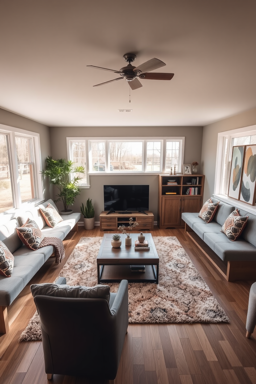 A cozy family room features several colorful bean bags scattered around a low coffee table made of reclaimed wood. Large windows allow natural light to flood the space, complemented by soft, textured rugs underfoot.