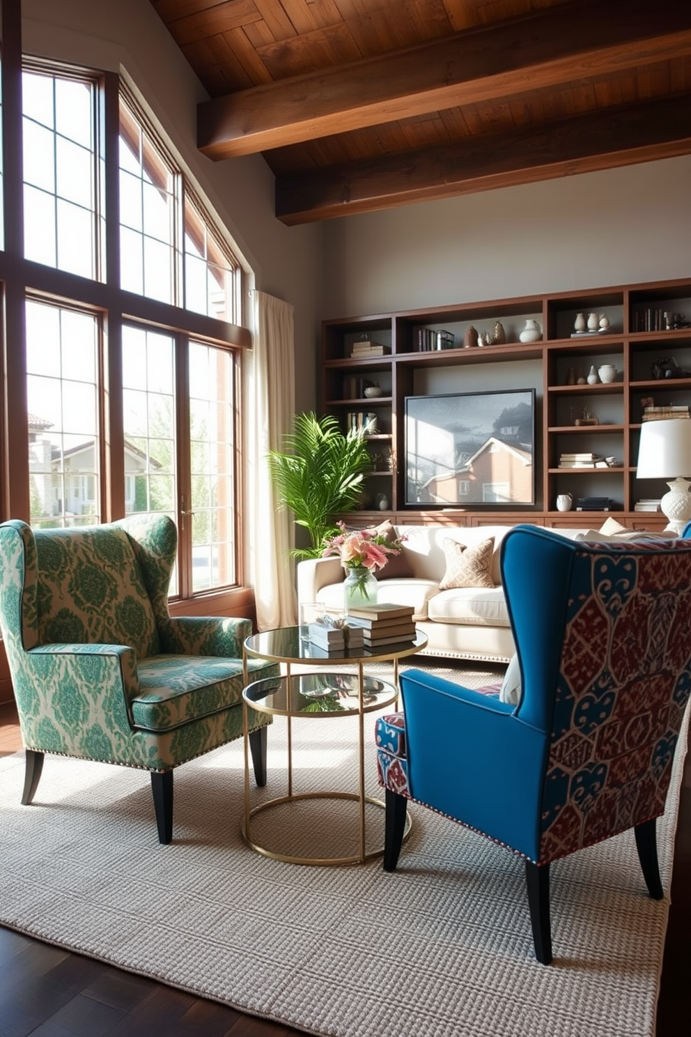 Accent chairs with unique designs that add character to the family room. The chairs feature bold colors and intricate patterns, creating a focal point in the space. Surrounding the chairs is a cozy arrangement of a plush sofa and a textured area rug. Natural light pours in through large windows, enhancing the inviting atmosphere of the family room.