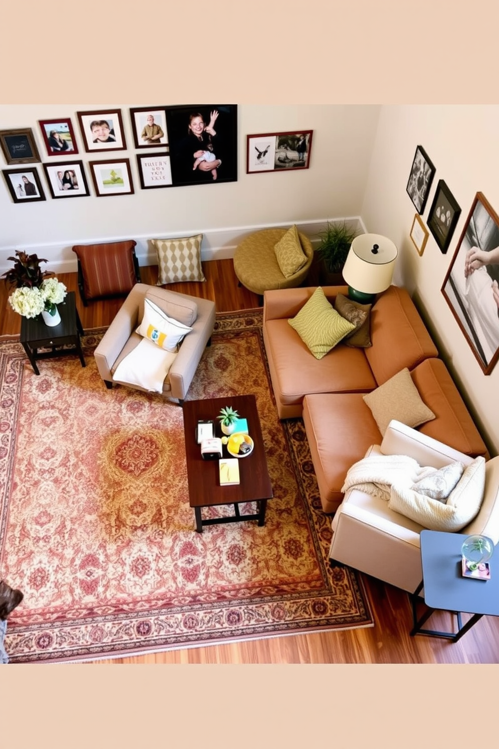 Create a cozy family room that features distinct zones defined by area rugs. The main seating area includes a plush sectional sofa, complemented by a coffee table and accent chairs, all anchored by a large, soft area rug in warm tones. In another corner, a reading nook is created with a comfortable armchair and a small side table, highlighted by a patterned area rug that adds visual interest. The walls are adorned with family photos and art pieces, creating a personal touch while maintaining a harmonious flow throughout the space.